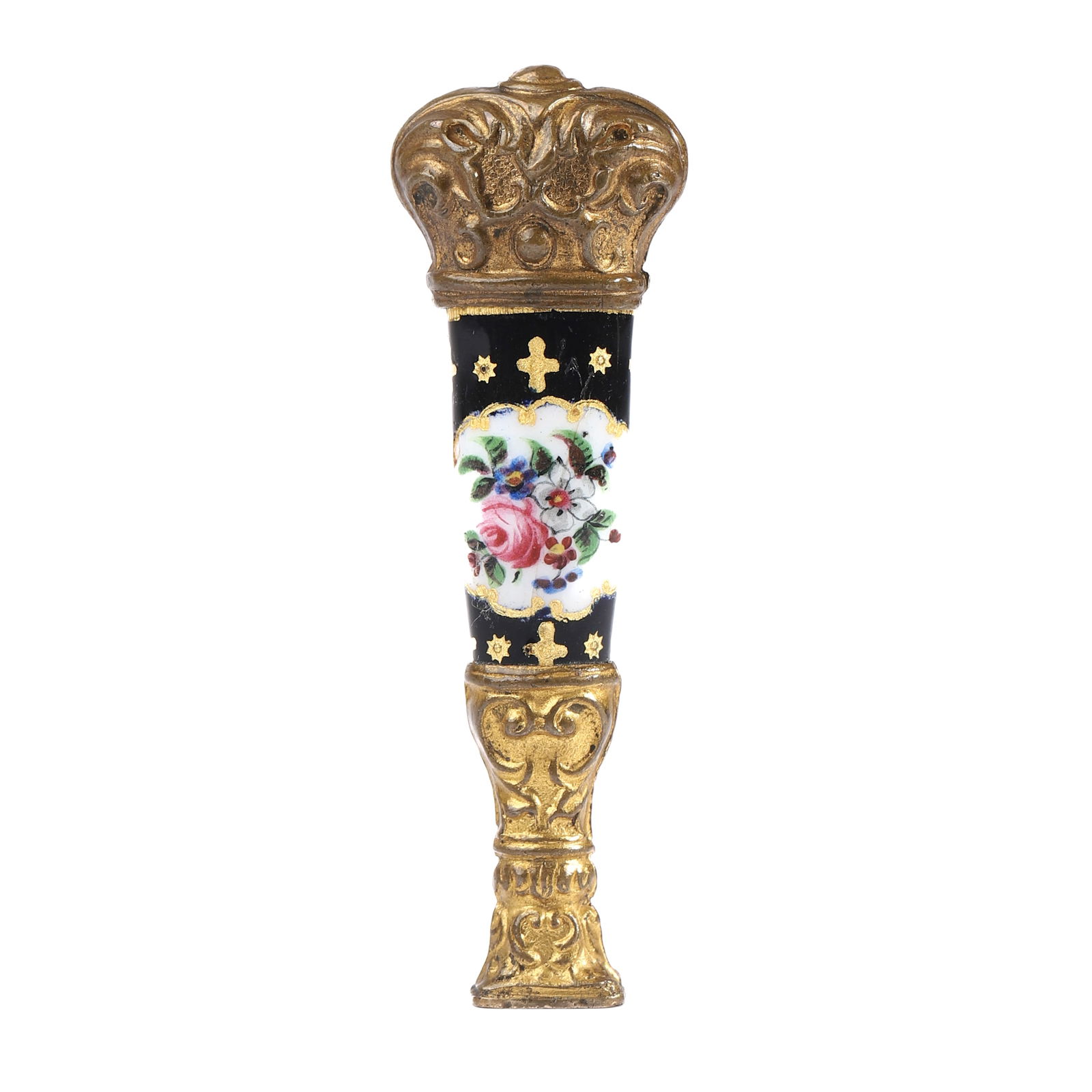 ANTIQUE GILT BRONZE AND ENAMEL SEAL: Dimensions Height: 2 3/8 in (6 cm); Weight: 10 g Description A finely crafted gilt bronze wax seal featuring an enameled tapered body decorated with hand-painted floral motifs on a black ground, accen