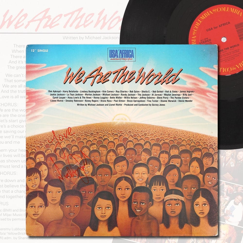 MICHAEL JACKSON SIGNED "WE ARE THE WORLD" LP: 12 1/4 x 12 1/4 in Provenance and Authentication: This collectible has undergone a rigorous forensic evaluation. The signatures were carefully analyzed across multiple criteria, including ink