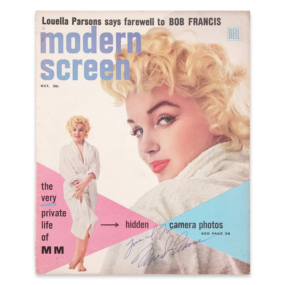 MARILYN MONROE SIGNED MODERN SCREEN MAGAZINE: 10 7/8 x 8 5/8 in (27.5 x 22 cm) Provenance and Authentication: This collectible has undergone a rigorous forensic evaluation. The signatures were carefully analyzed across multiple criteria, includin