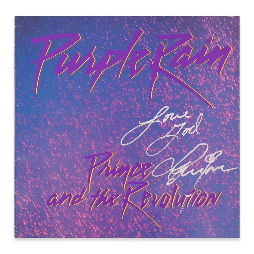 PRINCE SIGNED PURPLE RAIN BOOKLET: 10 x 10 in (25.3 x 25.3 cm) Provenance and Authentication: This collectible has undergone a rigorous forensic evaluation. The signatures were carefully analyzed across multiple criteria, including ink