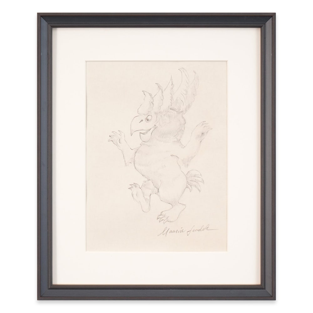 MAURICE SENDAK SIGNED SKETCH: Image Dimensions: 10 3/8 x 7 5/8 in (26.5 x 19.5 cm) Framed Dimensions: 13 x 15 3/4 in (33 x 40 cm) Provenance and Authentication: This collectible has undergone a rigorous forensic evaluation. The si