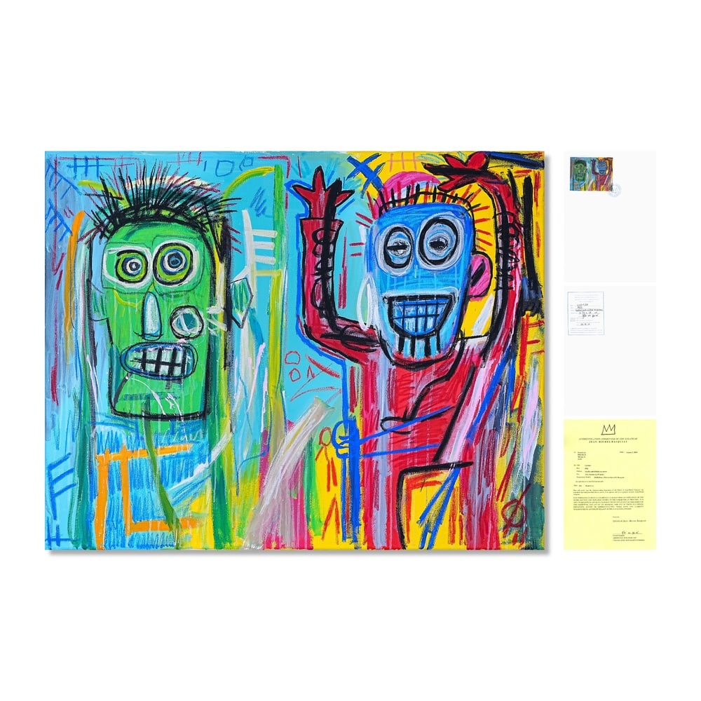 JEAN-MICHEL BASQUIAT (1960-1988), ACRYLIC AND OILSTICK ON CANVAS: Signed (verso) Image Dimensions: 31 1/8 x 39 in (79 x 99 cm) This painting comes with COA. Jean-Michel Basquiat stands among the most historically consequential painters of the late twentieth