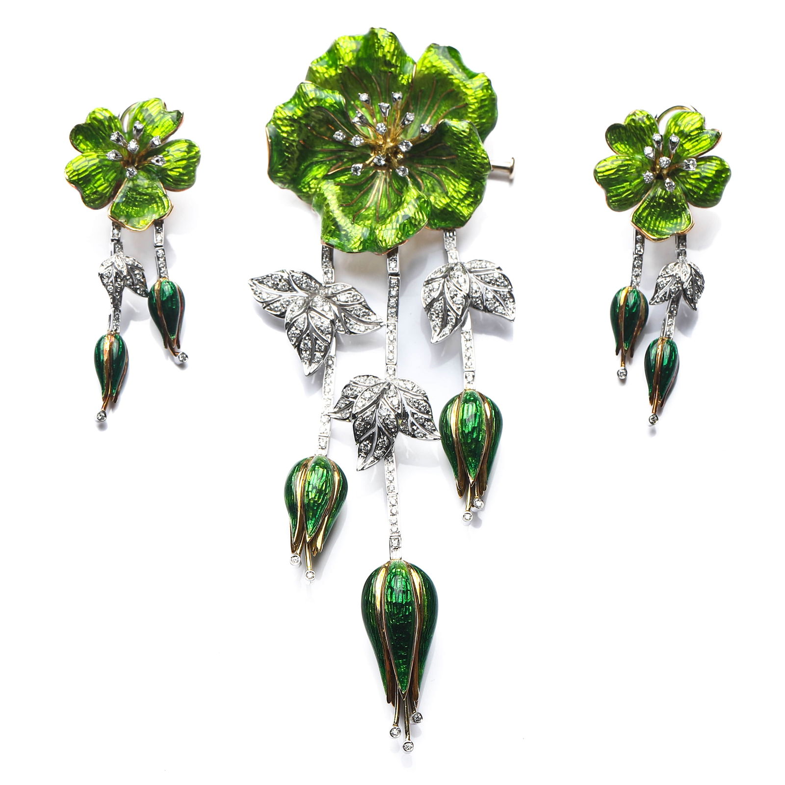 ENAMELED FLOWER BROOCH AND EARRINGS SET: Dimensions Brooch: 4 1/2 × 1 9/16 in. (11.5 × 4 cm)Earrings: 2 × 13/16 in. (5 × 2 cm)Total Weight: 64.5 g Description An elegant Art Nouveau–inspired jewelry suite comprising a brooch and
