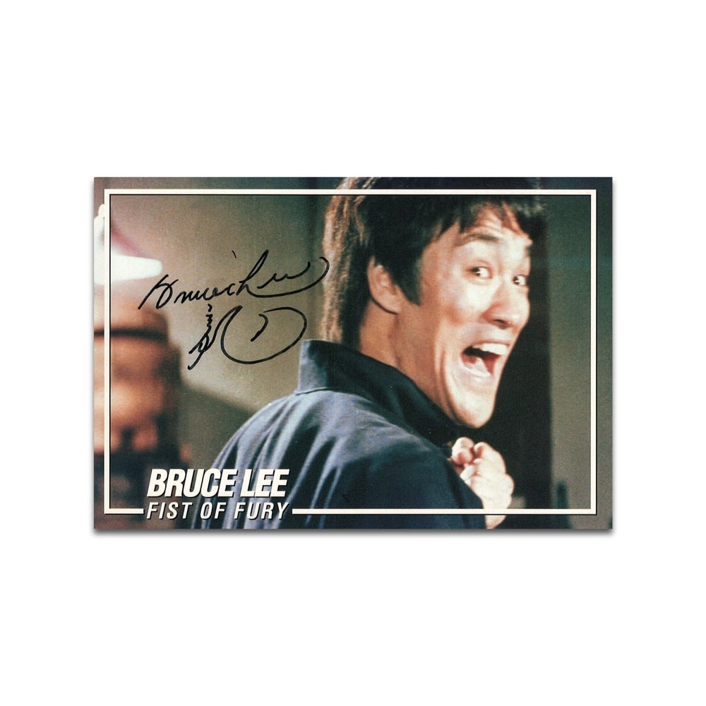 BRUCE LEE SIGNED FIST OF FURY POSTCARD: 6 1/8 x 4 1/8 in (15.5 x 10.5 cm) This signed Fist of Fury postcard represents a powerful artifact from one of the most influential moments in global cinema history. Bruce Lee stands as a transformati