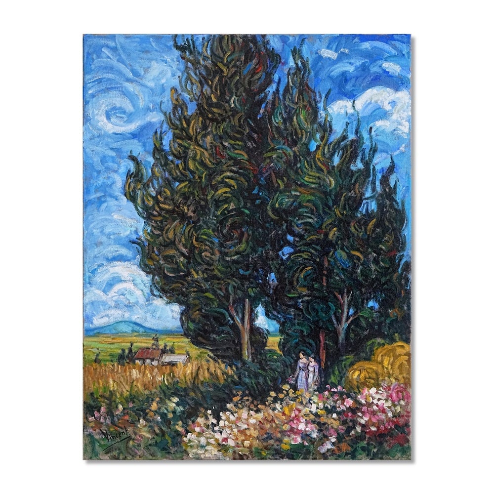 VINCENT VAN GOGH (1853-1890), OIL ON CANVAS: Signed (lower left) Image Dimensions: 33 x 25 1/2 in (83.7 x 64.6 cm) This painting comes with COA. Vincent van Gogh's Cyprès et femmes stands among the most structurally ambitious and