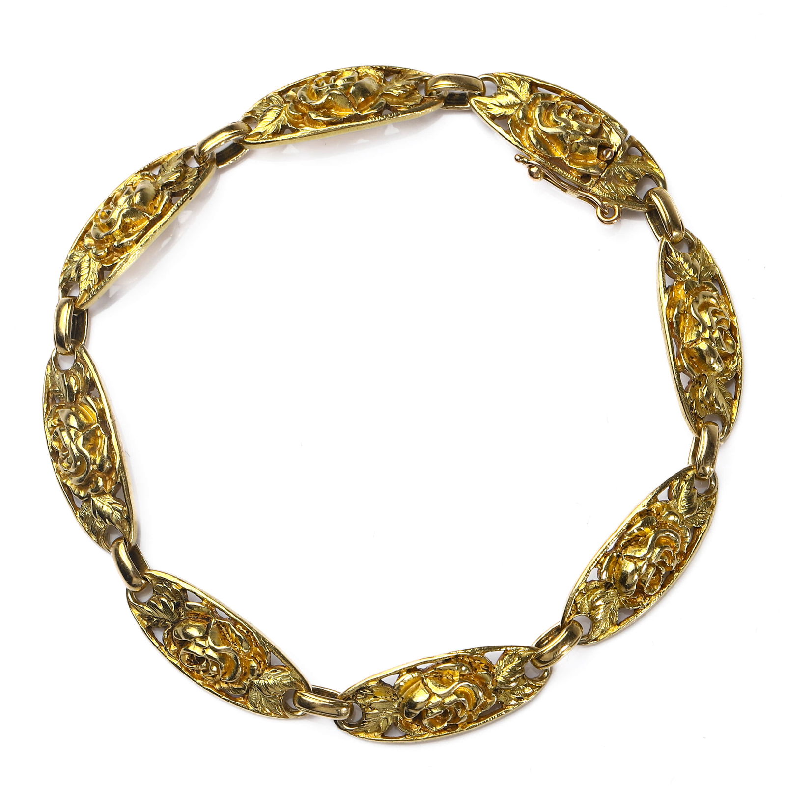 FRENCH ART NOUVEAU GOLD FLORAL BRACELET: Dimensions Length: 7 1/2 in (19 cm); Weight: 21.2 g Description A superb French Art Nouveau bracelet, dating from circa 1880–1920, exquisitely handcrafted in solid 18K gold. The bracelet is