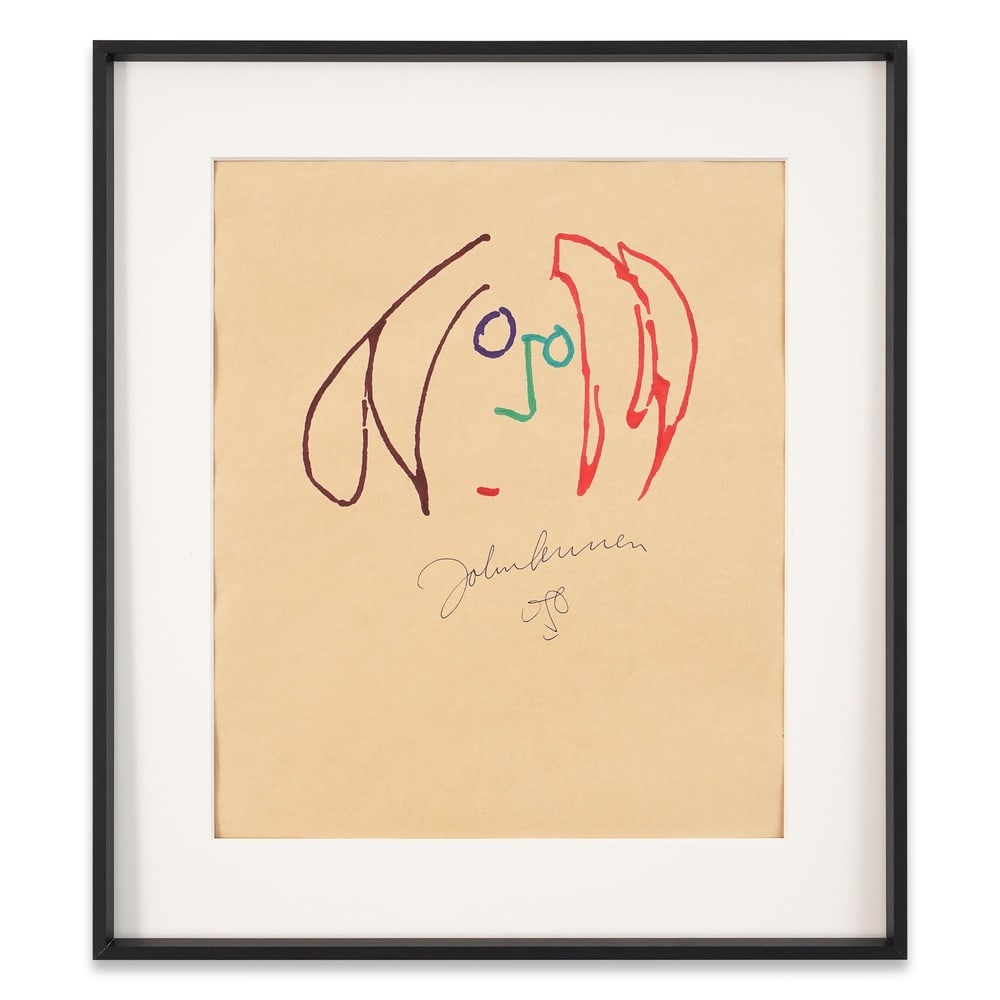 JOHN LENNON SIGNED SELF PORTRAIT SKETCH: Image Dimensions: 12 3/8 x 8 1/4 in (31.3 x 21 cm) Framed Dimensions: 16 3/4 x 14 3/4 in (42.5 x 37.5 cm) Provenance and Authentication: This collectible has undergone a rigorous forensic