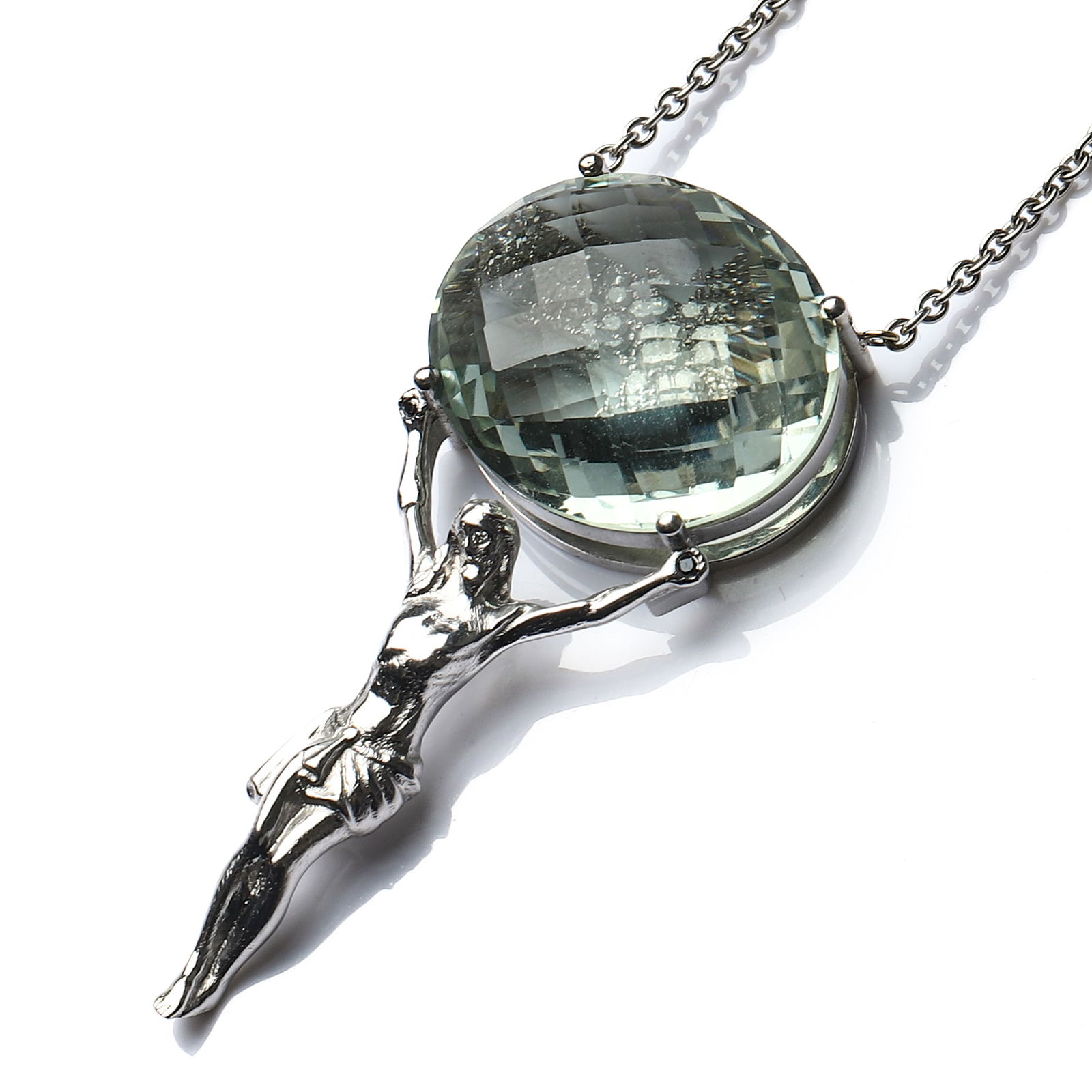 FRENCH 18K WHITE GOLD, DIAMOND, AND ROCK CRYSTAL CROSS PENDANT NECKLACE WITH CRUCIFIX: Dimensions Chain Length: 18 5/16 in. (46.5 cm); Total Weight: 22 g Description A refined French necklace crafted in solid 18K white gold, featuring a sculptural crucifix pendant integrated with a