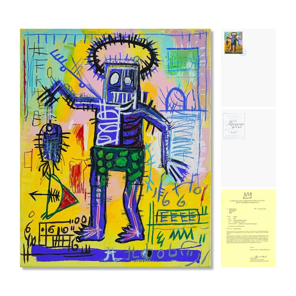 JEAN-MICHEL BASQUIAT (1960-1988), ACRYLIC AND OILSTICK ON CANVAS: Signed (verso) Image Dimensions: 35 x 28 1/8 in (88.9 x 71.4 cm) This painting comes with COA. Jean-Michel Basquiat emerged in the early 1980s as one of the most vital voices in contemporary