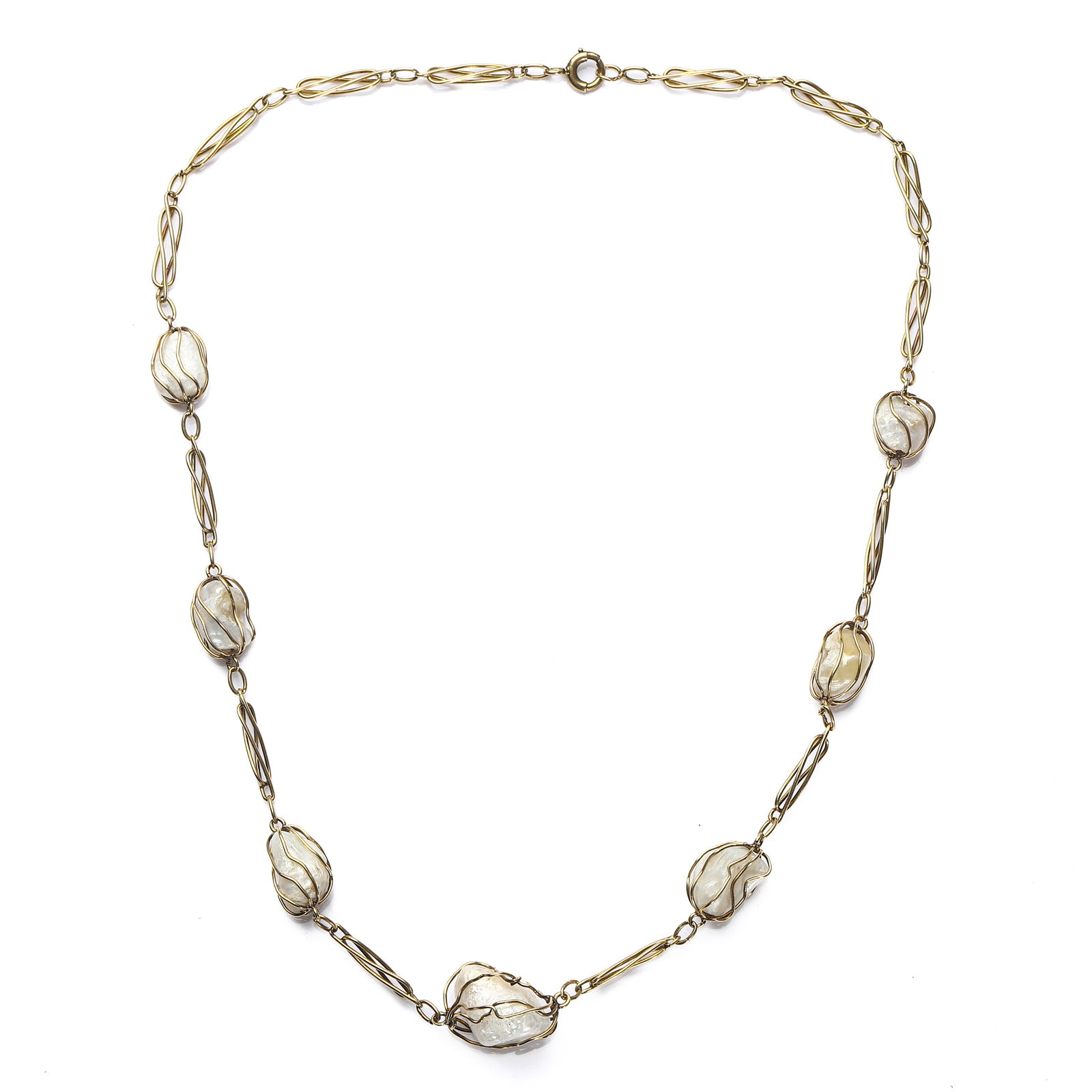 ART NOUVEAU 18K GOLD AND PEARL NECKLACE: Dimensions Length: 17 5/16 in. (44 cm); Weight: 16.85 g Description An elegant Art Nouveau period necklace, handcrafted in 18K gold and set with seven natural pearls, dating from circa 1880–1920.