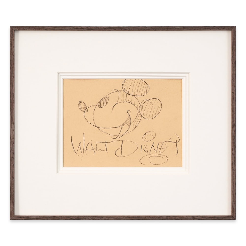 WALT DISNEY SIGNED SKETCH OF MICKEY MOUSE: Image Dimensions: 7 1/2 x 15 3/4 in (19 x 40 cm) Framed Dimensions: 14 1/8 x 12 1/4 in (36 x 31 cm) Provenance and Authentication: This collectible has undergone a rigorous forensic evaluation. The