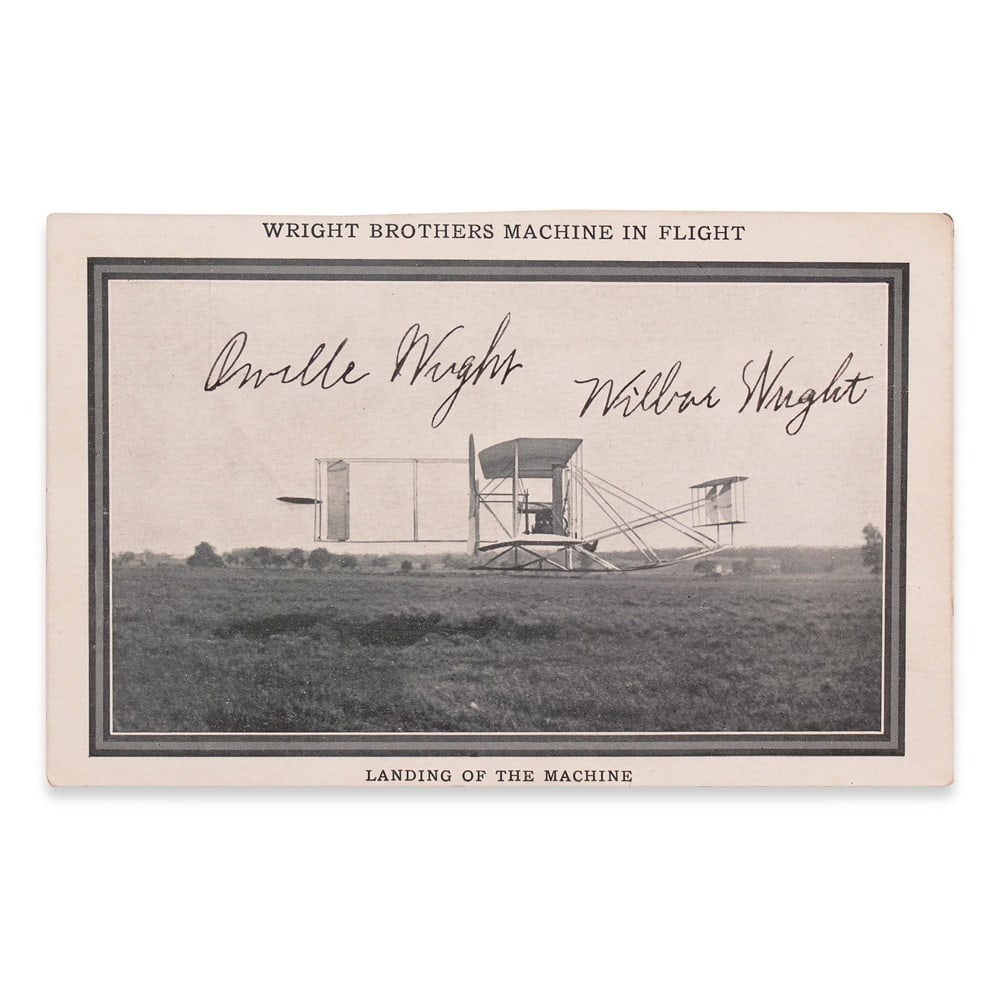 WRIGHT BROTHERS SIGNED POSTCARD: 5 1/2 x 3 1/2 in (14 x 8.8 cm) Provenance and Authentication: This collectible has undergone a rigorous forensic evaluation. The signatures were carefully analyzed across multiple criteria, including