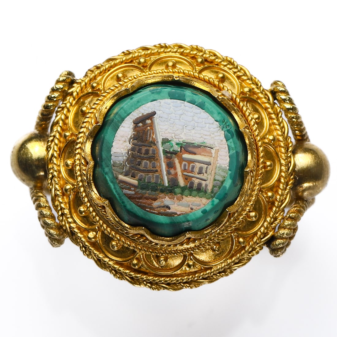 MICROMOSAIC MALACHITE GOLD RING: Dimensions US Ring Size: 9; Inner diameter: 3/4 in. (19.1 mm); Weight: 5 g. Description An elegant antique gold ring featuring a finely executed micromosaic plaque depicting an architectural