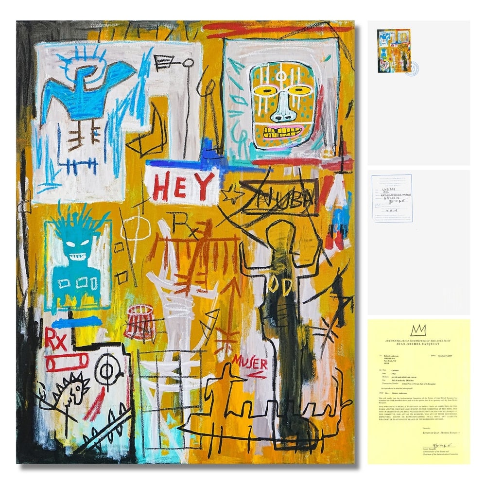 JEAN-MICHEL BASQUIAT (1960-1988), ACRYLIC AND OILSTICK ON CANVAS: Signed (verso) Image Dimensions: 36 5/8 x 28 in (93 x 71 cm) This painting comes with COA. Jean-Michel Basquiat occupies a singular position in the history of postwar American art, emerging as a