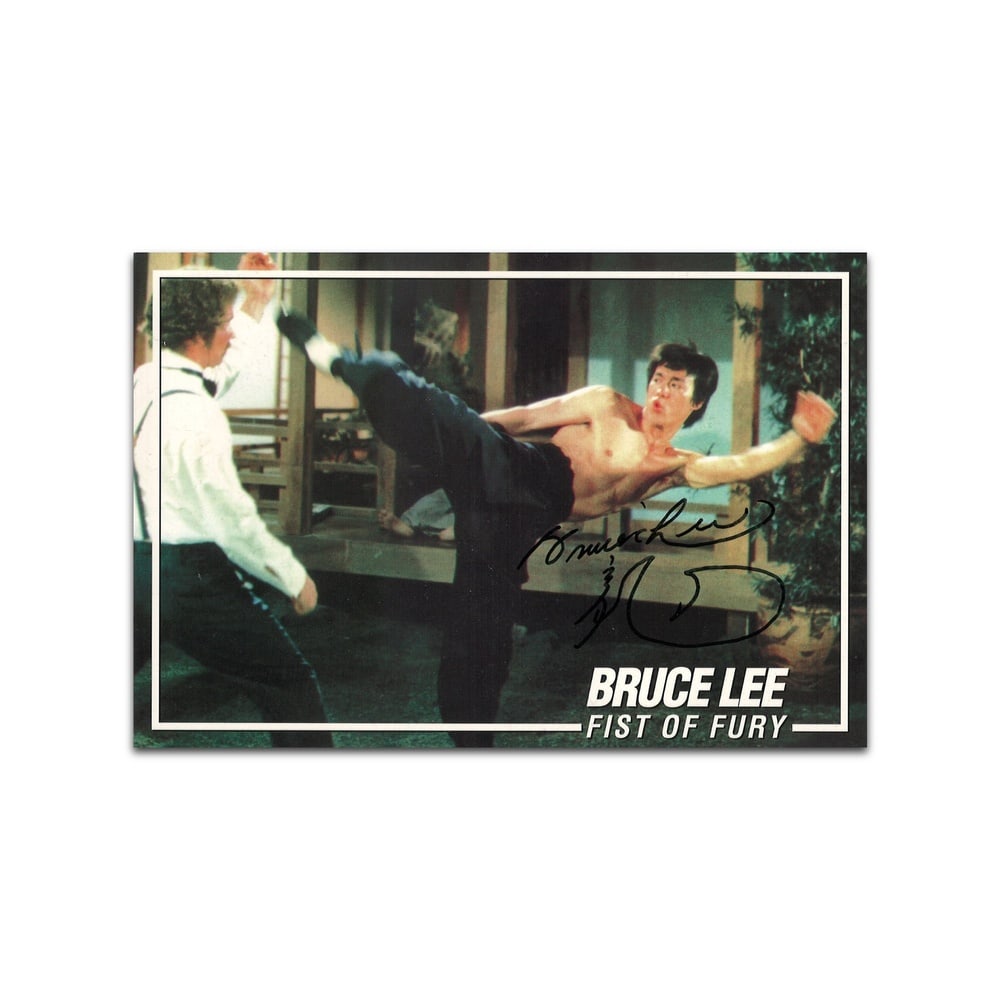 BRUCE LEE SIGNED FIST OF FURY POSTCARD: 6 1/8 x 4 1/8 in (15.5 x 10.5 cm) This signed Fist of Fury postcard represents a powerful artifact from one of the most influential moments in global cinema history. Bruce Lee stands as a transformati