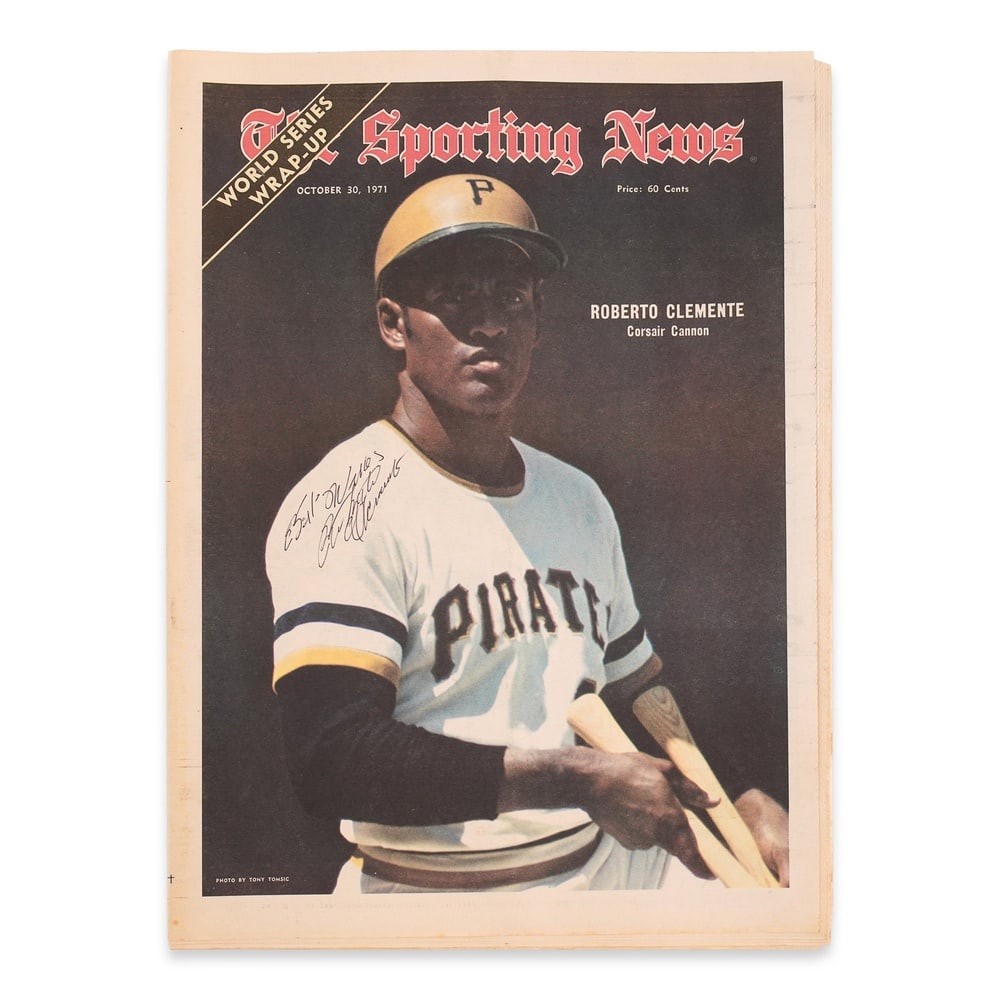 ROBERTO CLEMENTE SIGNED THE SPORTING NEWS MAGAZINE: 15 7/8 x 11 1/2 in (40.2 x 29.3 cm) Provenance and Authentication: This collectible has undergone a rigorous forensic evaluation. The signatures were carefully analyzed across multiple criteria,