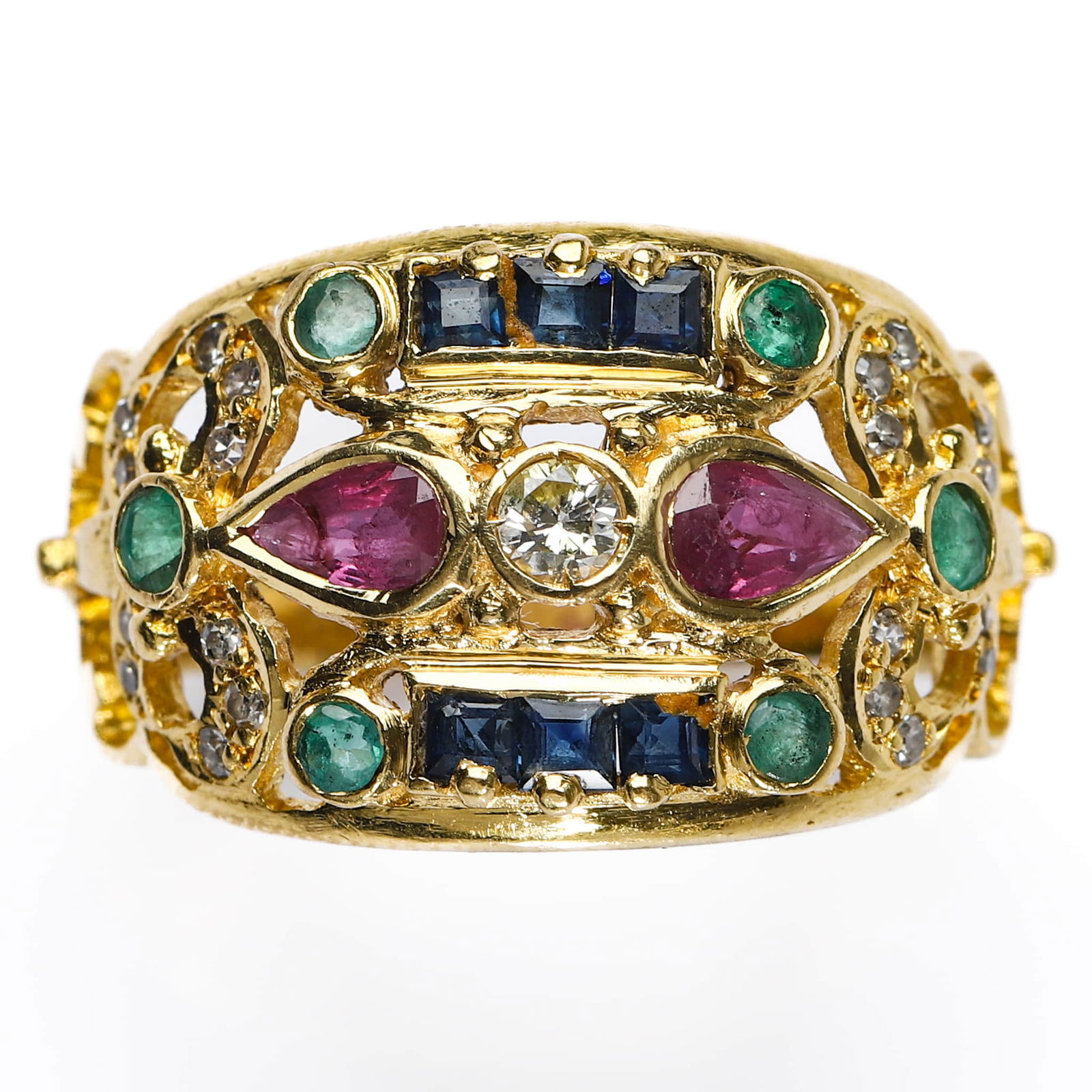 ITALIAN ANTIQUE MULTI-GEM SET GOLD RING - 2