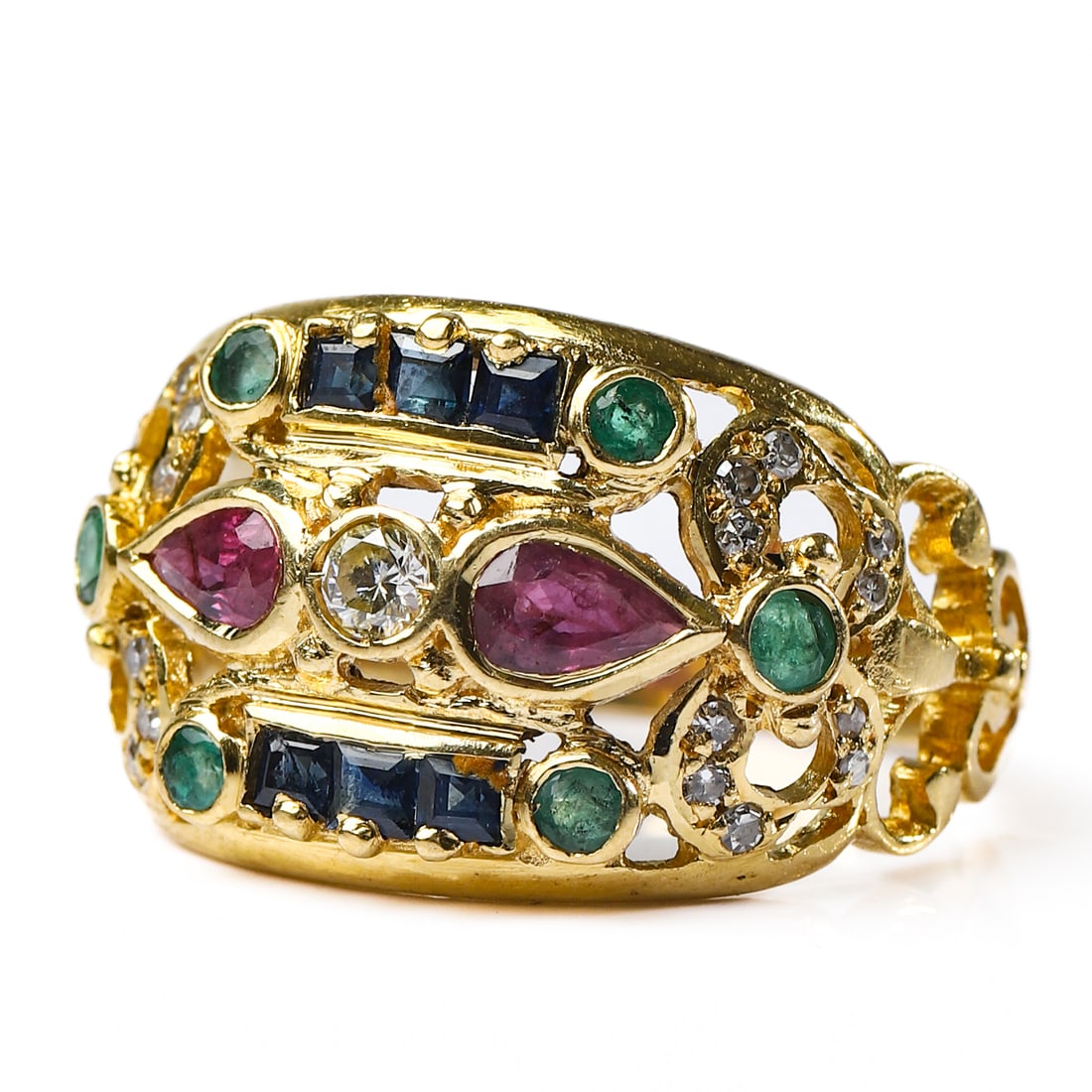 ITALIAN ANTIQUE MULTI-GEM SET GOLD RING - 3