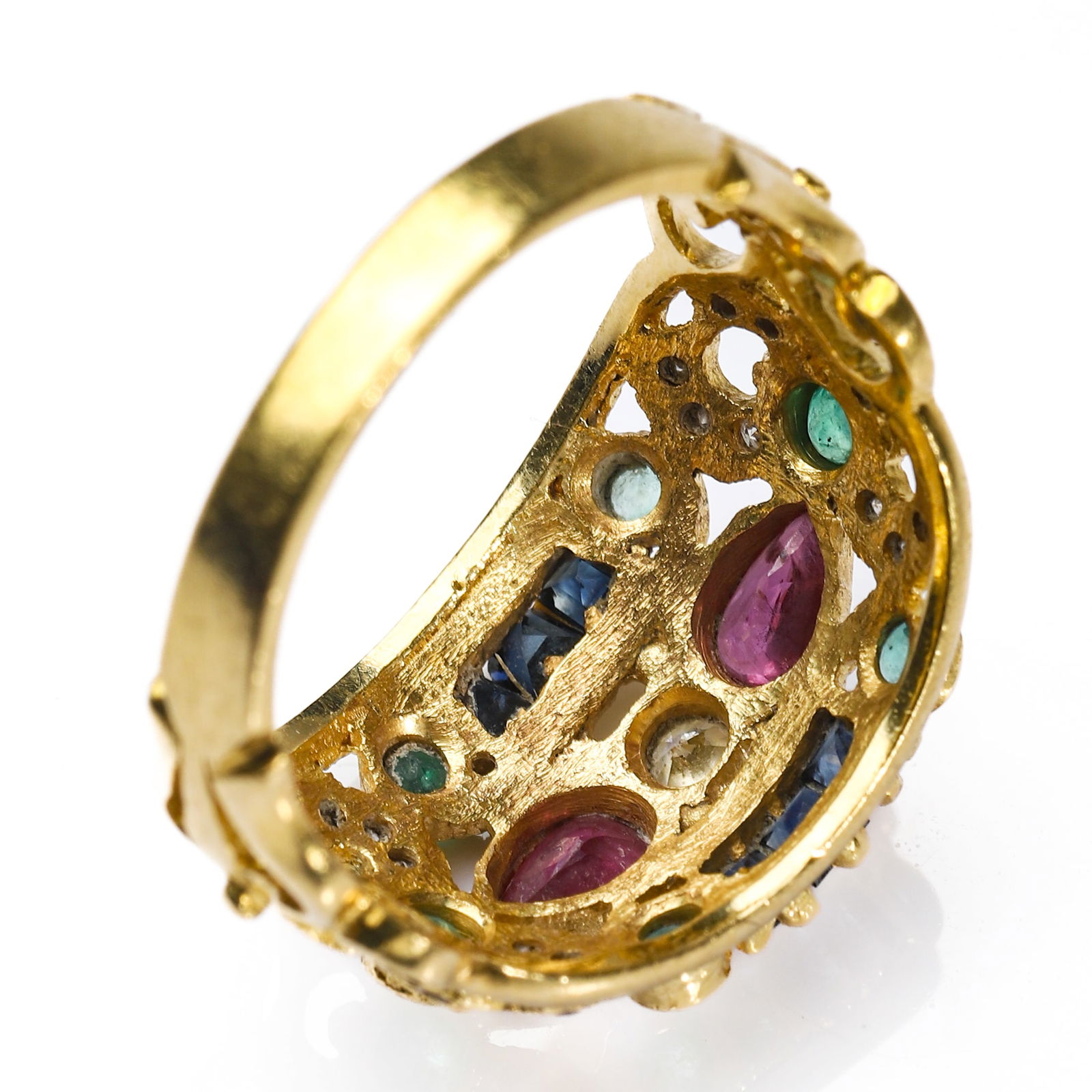 ITALIAN ANTIQUE MULTI-GEM SET GOLD RING - 4