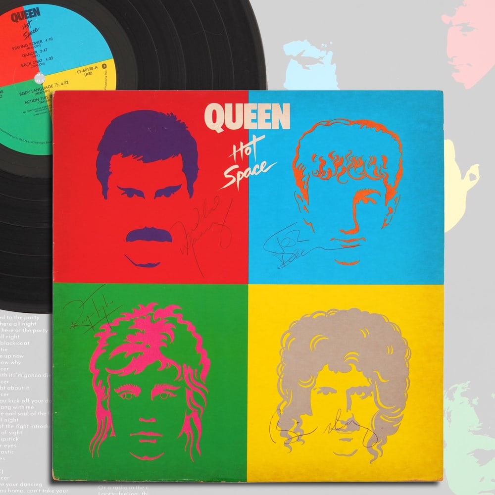 QUEEN SIGNED HOT SPACE LP: 12 1/4 x 12 1/4 Provenance and Authentication: This collectible has undergone a rigorous forensic evaluation. The signatures were carefully analyzed across multiple criteria, including ink