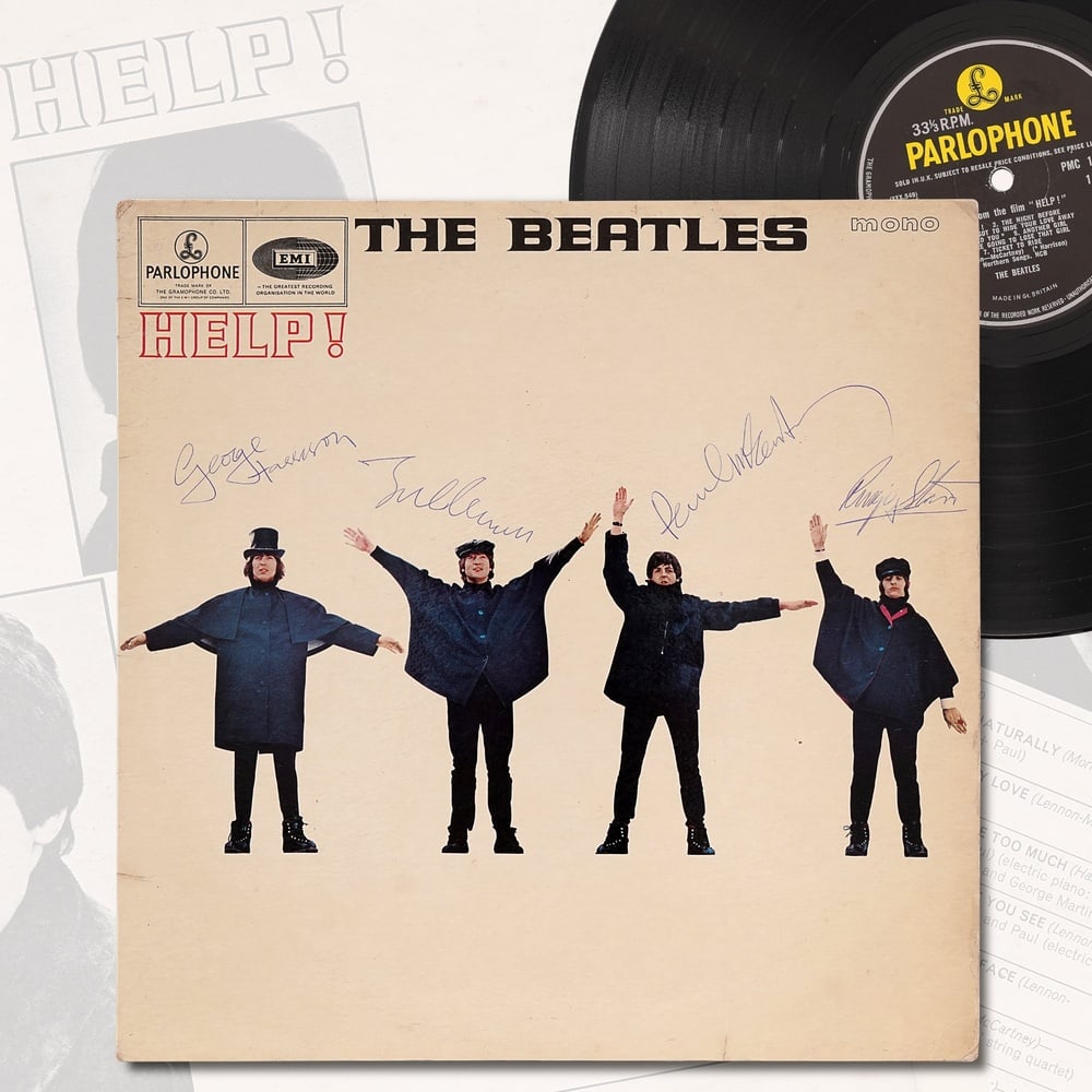 THE BEATLES FULLY SIGNED HELP! MONO LP RECORD (PARLOPHONE, 1965): 12 1/4 x 12 1/4 in Provenance and Authentication: This collectible has undergone a rigorous forensic evaluation. The signatures were carefully analyzed across multiple criteria, including ink depositi