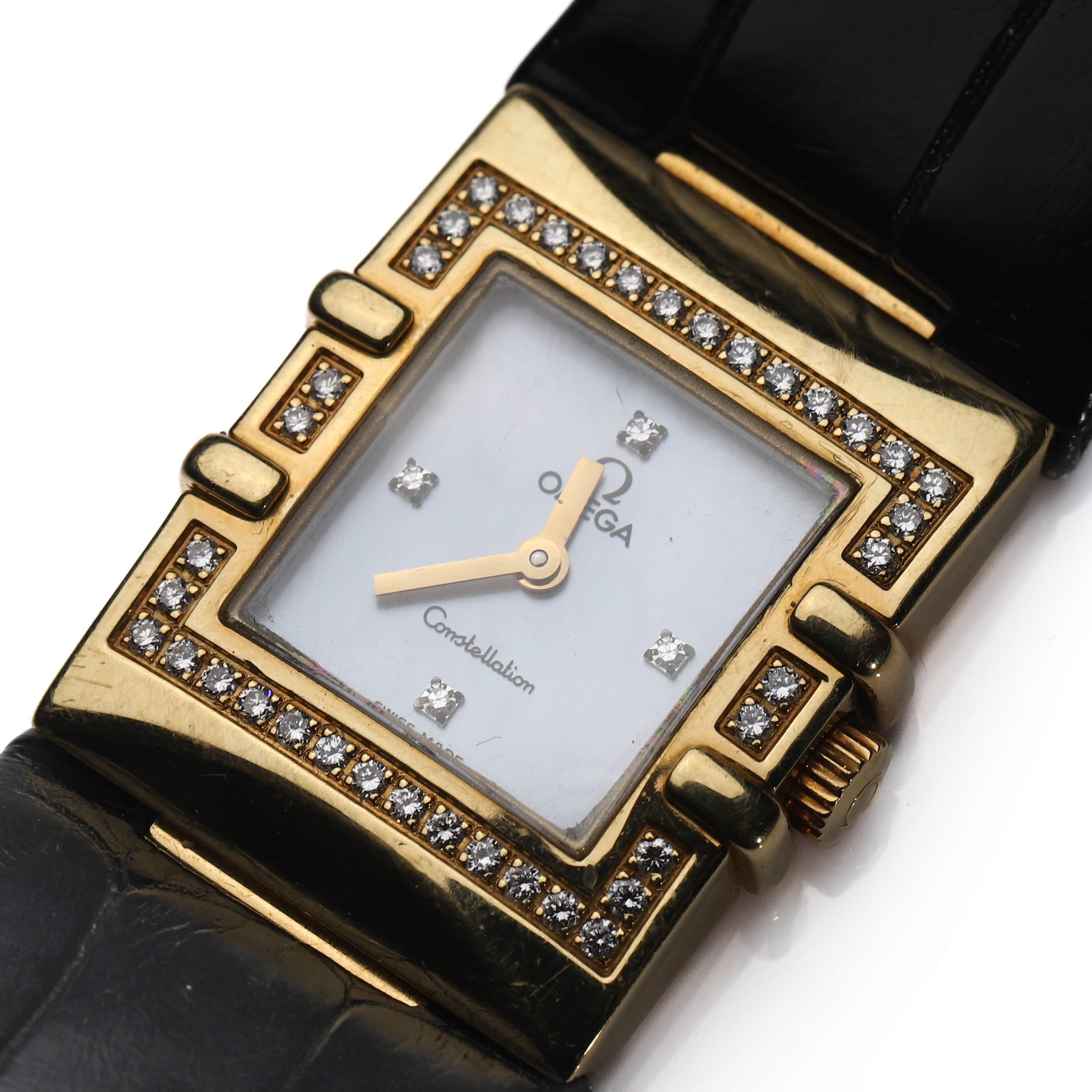 OMEGA CONSTELLATION DIAMOND-SET RECTANGULAR WRISTWATCH: Dimensions case diameter approx. 7/8 in (21.6 mm); overall length approx. 7 11/16 in (19.5 cm). Description An elegant Omega Constellation rectangular wristwatch crafted in yellow gold, featuring a re
