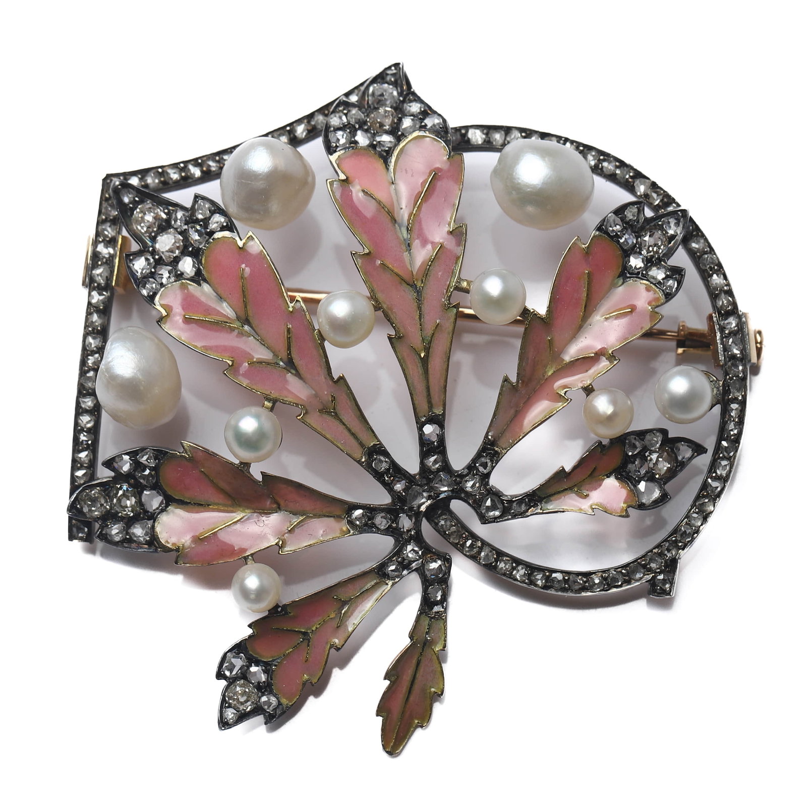 ENAMEL, PEARL AND DIAMOND SET FLORAL BROOCH: Dimensions 2 1/16 × 2 in (52 × 51 mm); weight approx. 14.8 g. Description A finely crafted floral brooch designed in an elegant stylized foliate form, featuring pink guilloché enamel leaves delicat