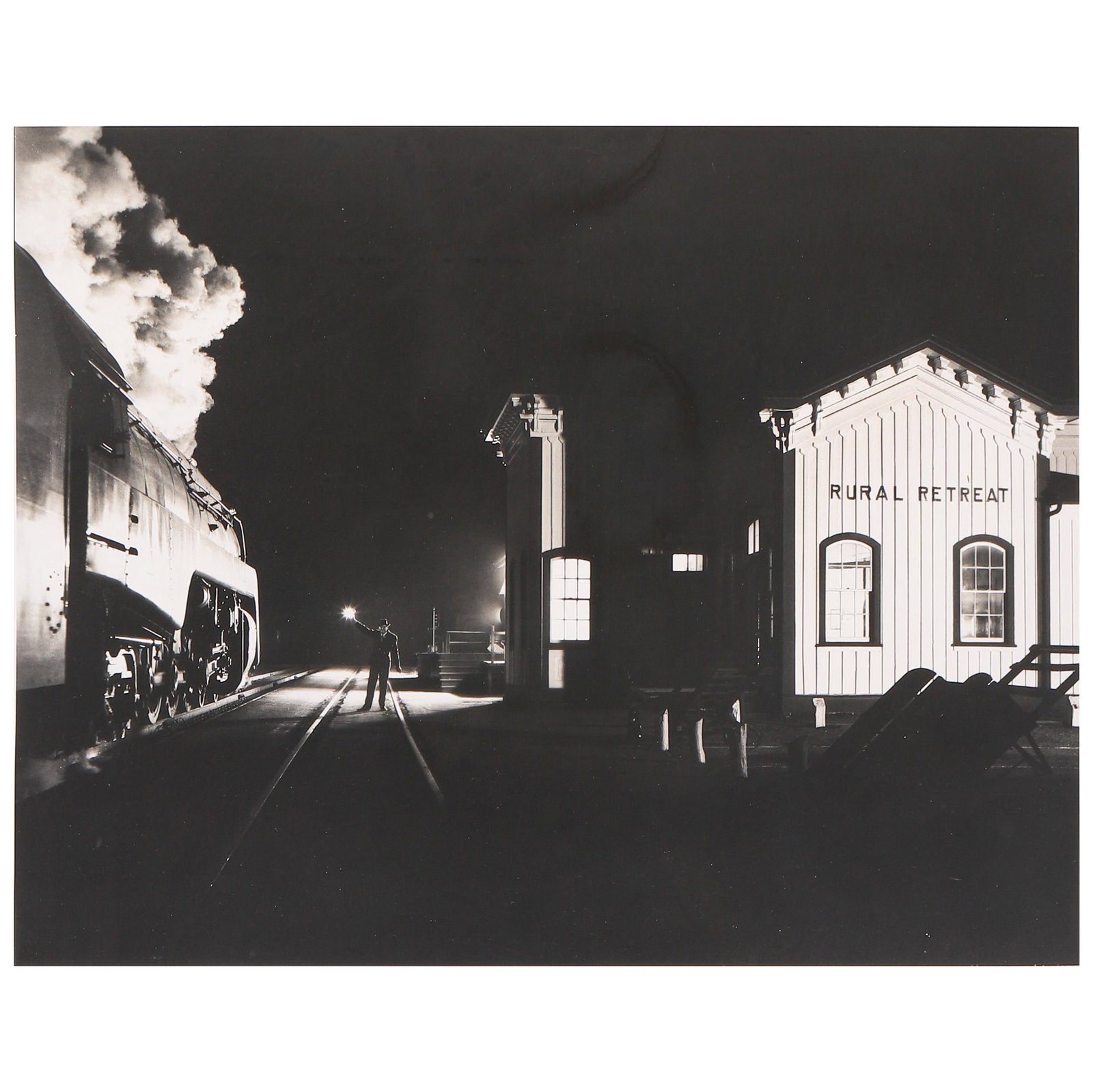 O. WINSTON LINK (1914–2001), AGENT J.L. AKERS WAVES #17 THROUGH THE STATION AT RURAL RETREAT: Artist O. Winston Link Title Agent J.L. Akers waves #17 through the Station at Rural Retreat Medium Gelatin silver print, mounted on board Signature Stamped and signed on the verso Dimensions Image