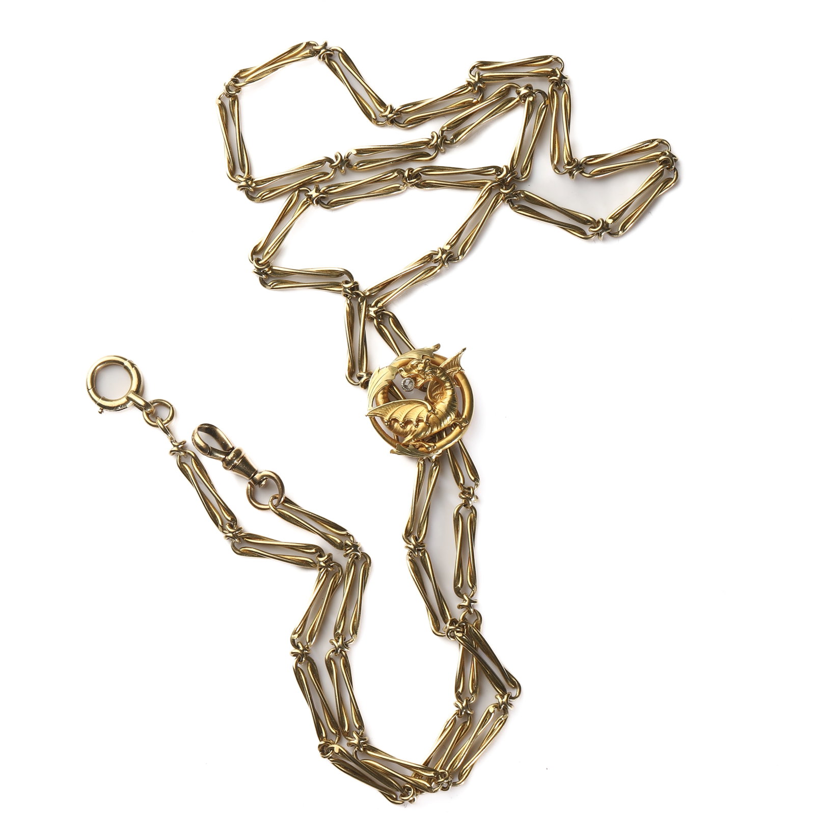 ART NOUVEAU / ART DECO DRAGON MOTIF LONG CHAIN NECKLACE OR WATCH CHAIN, POSSIBLY FRENCH, EARLY 20TH: Dimensions Length 15 3/8 in. (39 cm) Weight approx. 37.8 g. Description An elegant yellow metal long-link chain necklace or watch chain featuring elongated openwork links and a highly decorative