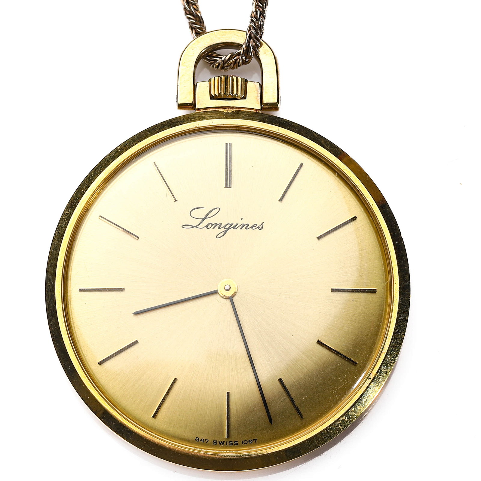 LONGINES GOLD-PLATED OPEN-FACE POCKET WATCH WITH CHAIN: Dimensions Dial diameter approx. 1 5/8 in (40.9 mm); overall length including chain approx. 11 3/4 in (30 cm). Description A vintage Swiss open-face pocket watch by Longines, featuring a gold-toned