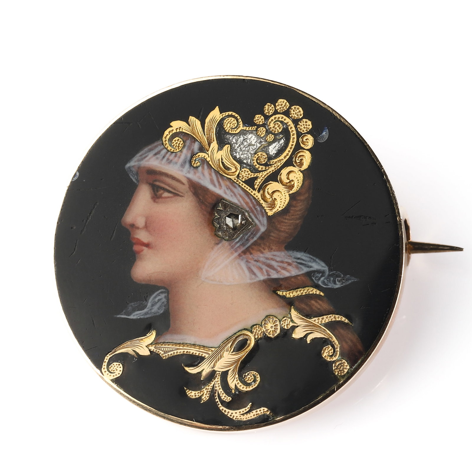 ART NOUVEAU RENAISSANCE REVIVAL GOLD ENAMEL PORTRAIT BROOCH WITH ROSE-CUT DIAMOND (1 of 6)