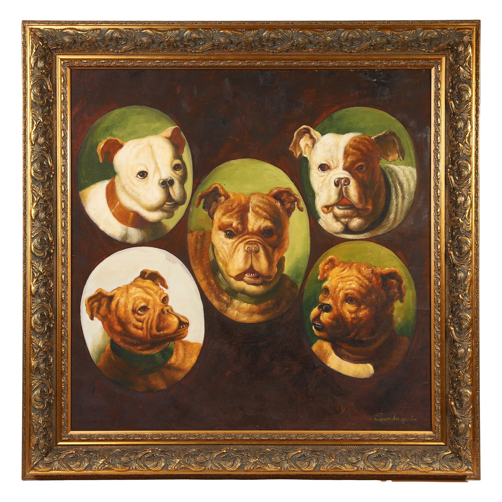 PORTRAIT STUDIES OF FIVE BULLDOGS: Dimensions frame 34 1/2 × 34 1/4 in (87.5 × 87 cm); image 27 × 27 1/8 in (68.5 × 69cm). Description This large oil on canvas presents five expressive bulldog portraits arranged in individual oval