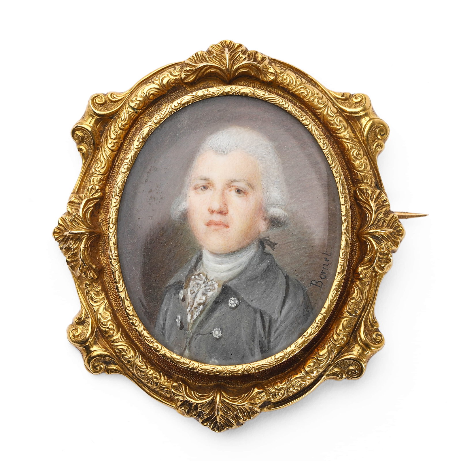 FRENCH BOURBON DYNASTY HIGH-KARAT GOLD PORTRAIT MINIATURE BROOCH, ARISTOCRATIC COMMISSION: Dimensions Length: 2 1/16 in. (53 mm); Width: 1 7/8 in. (48 mm); Weight: 16.6 g Description Finely handcrafted in high-karat gold, this brooch features a hand-painted portrait miniature of a French