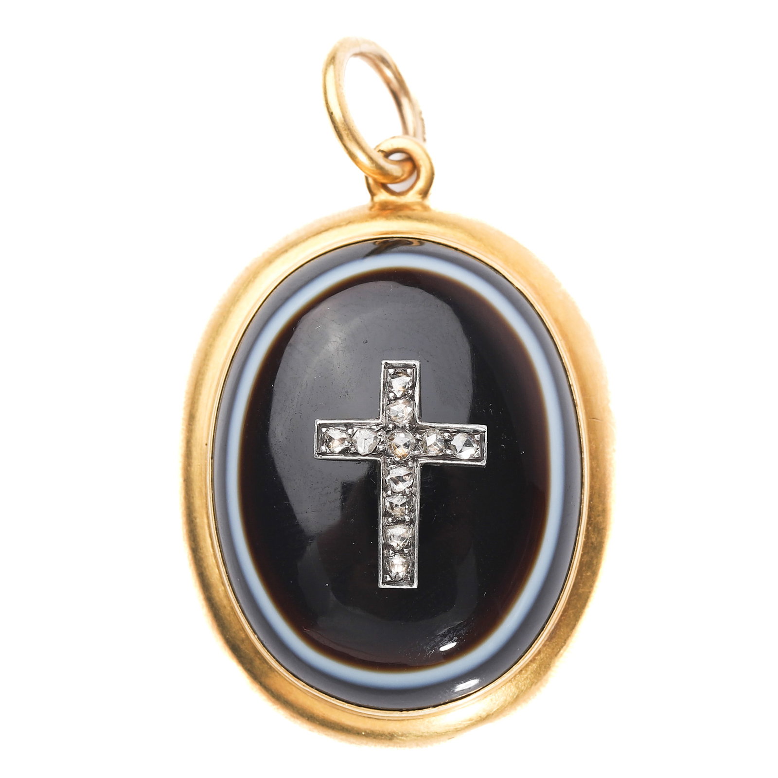 ANTIQUE GOLD, AGATE AND DIAMOND CROSS LOCKET PENDANT: Dimensions Length: 1 5/8 in. (40.6 mm); Weight: 19 g Description An antique gold locket pendant of refined devotional character, centered with an oval banded agate plaque of deep black tone, bordered 