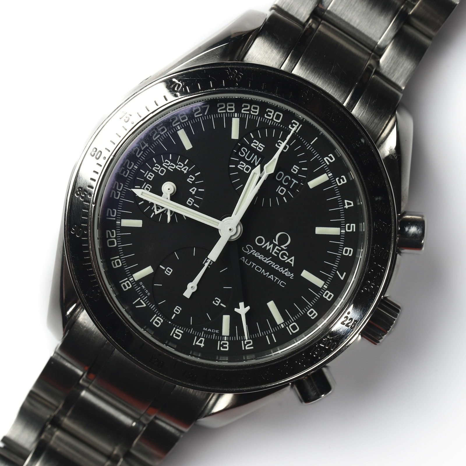 OMEGA SPEEDMASTER TRIPLE DATE AUTOMATIC CHRONOGRAPH WRISTWATCH: Dimensions Dial diameter 15/16 in. (23.8 mm visible dial) Bracelet length 7 1/16 in. (18 cm) Weight 55.4 g. Description An Omega Speedmaster Automatic chronograph wristwatch in stainless steel, featur