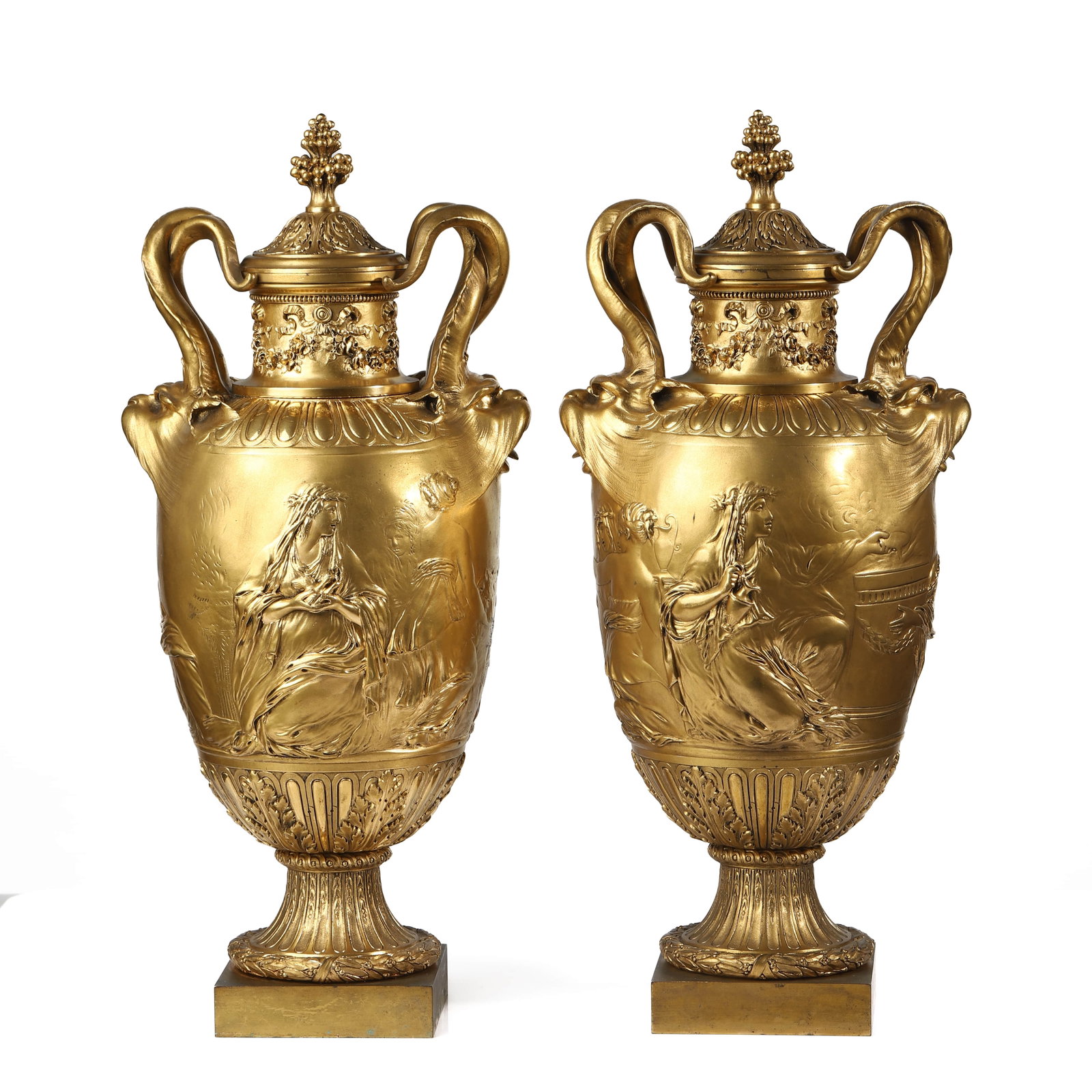 A PAIR OF FRENCH NAPOLEON III GILT BRONZE VASES, SIGNED F. BARBEDIENNE, PARIS: Dimensions Height 16 9/16 in. (42 cm), Length 7 1/2 in. (19 cm), Width 7 1/16 in. (18 cm) Description A monumental gilt bronze vase attributed to the renowned 19th-century French bronzier Ferdinand
