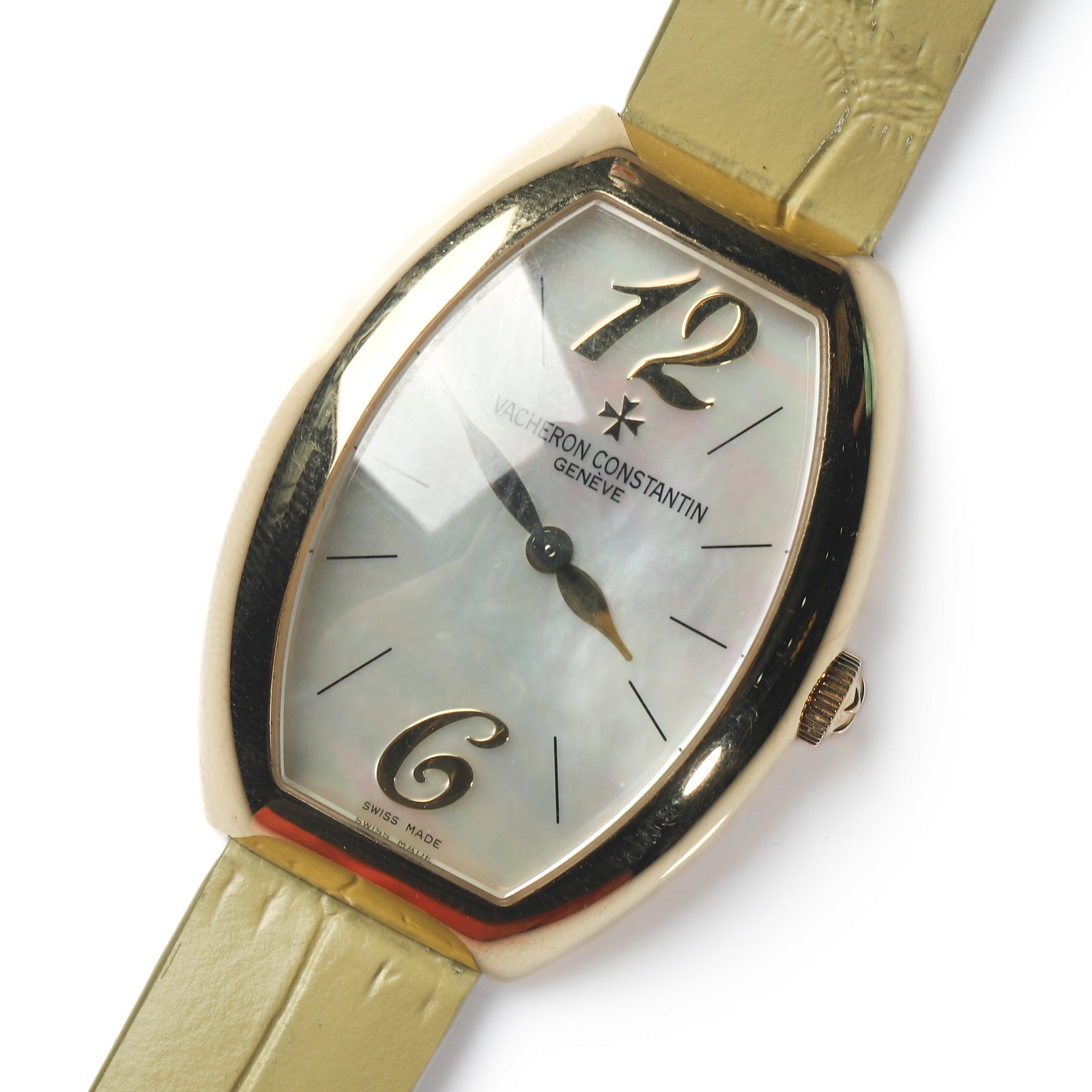 VACHERON CONSTANTIN ÉGERIE 18K GOLD WRISTWATCH: Dimensions Dial diameter 1 3/16 in. (29.8 mm) Length 8 1/4 in. (21 cm) Weight 54.8 g. Description A Vacheron Constantin Égérie wristwatch featuring an 18K yellow gold tonneau-shaped case, mother-of-