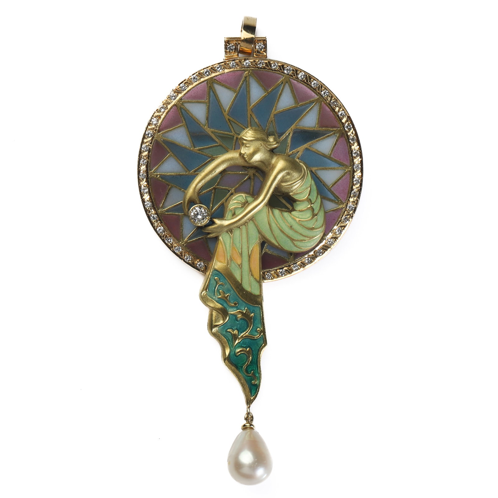 NYMPH PLIQUE-Ã€-JOUR ENAMEL, 18K GOLD AND DIAMOND BROOCH/PENDANT: Dimensions Heights 3 9/16 in. (90 mm) Widths 1 5/8 in. (42 mm) Weights 24.16 g Description An elegant 18K gold and diamond brooch/pendant inspired by the Nymphs of Greek mythology. Finely handcrafted 