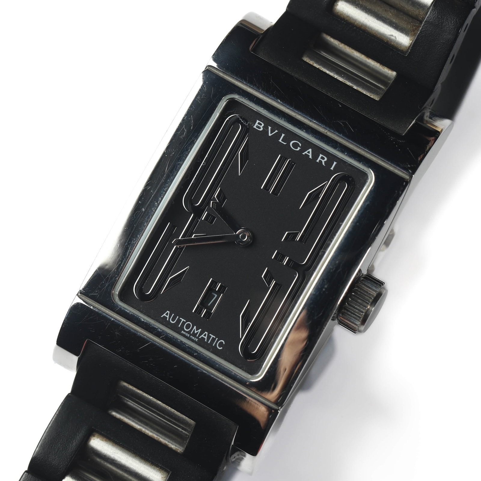 BVLGARI RETTANGOLO AUTOMATIC STAINLESS STEEL WRISTWATCH: Dimensions Dial Diameter 1 1/8 in. (29.4 mm). Length 4 1/8 in. (10.5 cm). Weight 81.5 g. Description A BVLGARI Rettangolo automatic stainless steel wristwatch featuring a black rectangular dial with