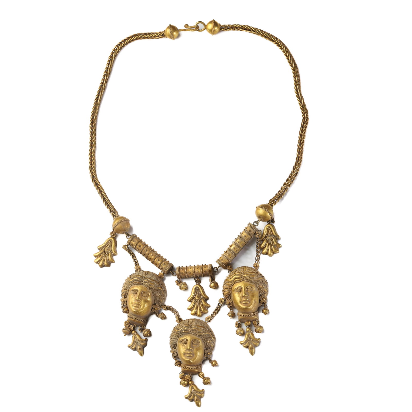 AN ANCIENT ROMAN GOLD GODDESS REPOUSSÉ AND GRANULATION NECKLACE: Dimensions Wearable Length 19 5/16 in. (49cm) Weight 89.8g Description An exceptional Ancient Roman gold necklace dating to the Roman period, circa 753 B.C.–A.D. 476. The necklace is composed of