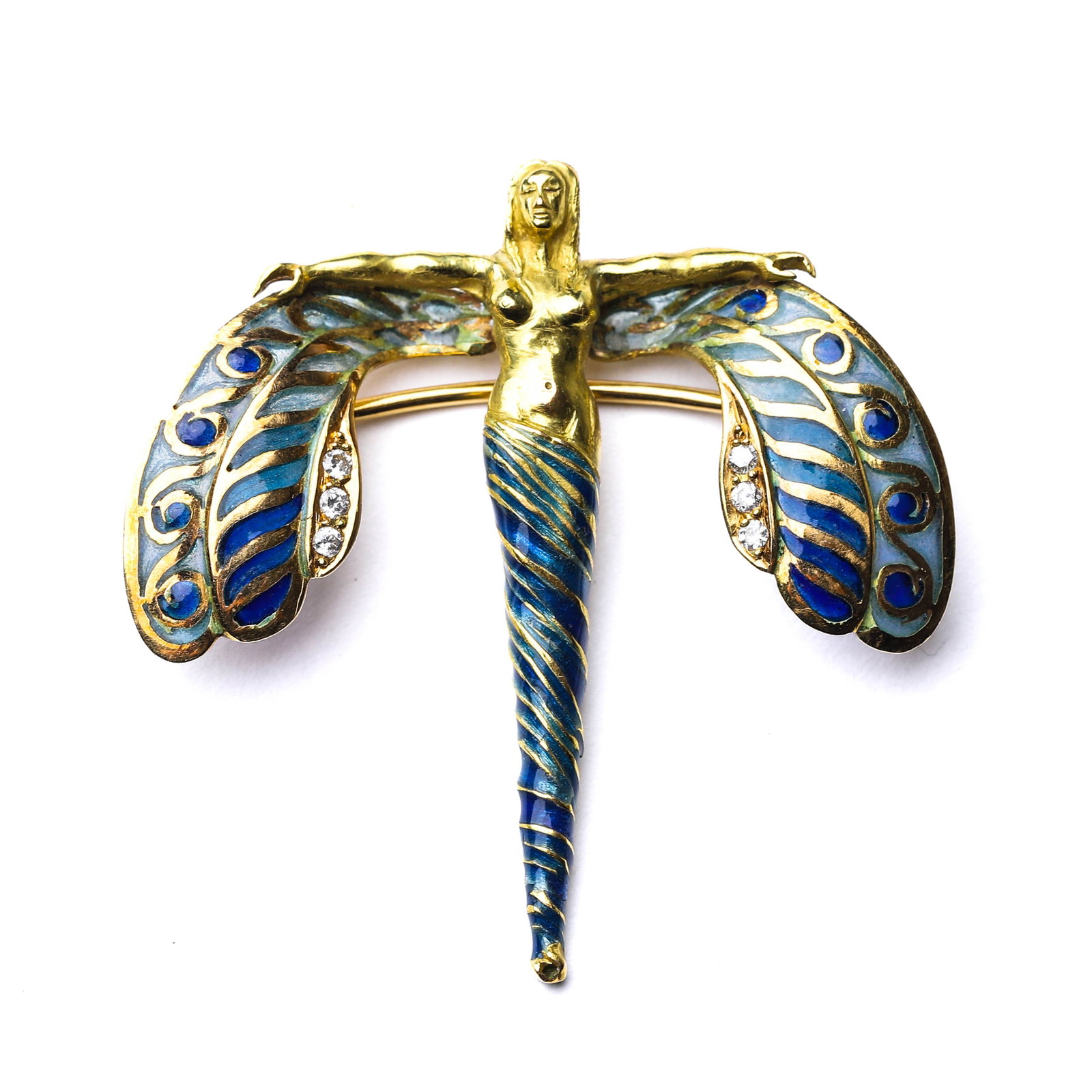ART NOUVEAU PERIOD (1880-1920) FRENCH CUSTOM PIECE: Length: 1 7/8 in. (48 mm), Width: 1 7/8 in. (48 mm), Weight: 15.3 g This is a dragonfly fairy brooch crafted in the Art Nouveau style. The piece is made of 18k gold, with high-temperature mineral enam