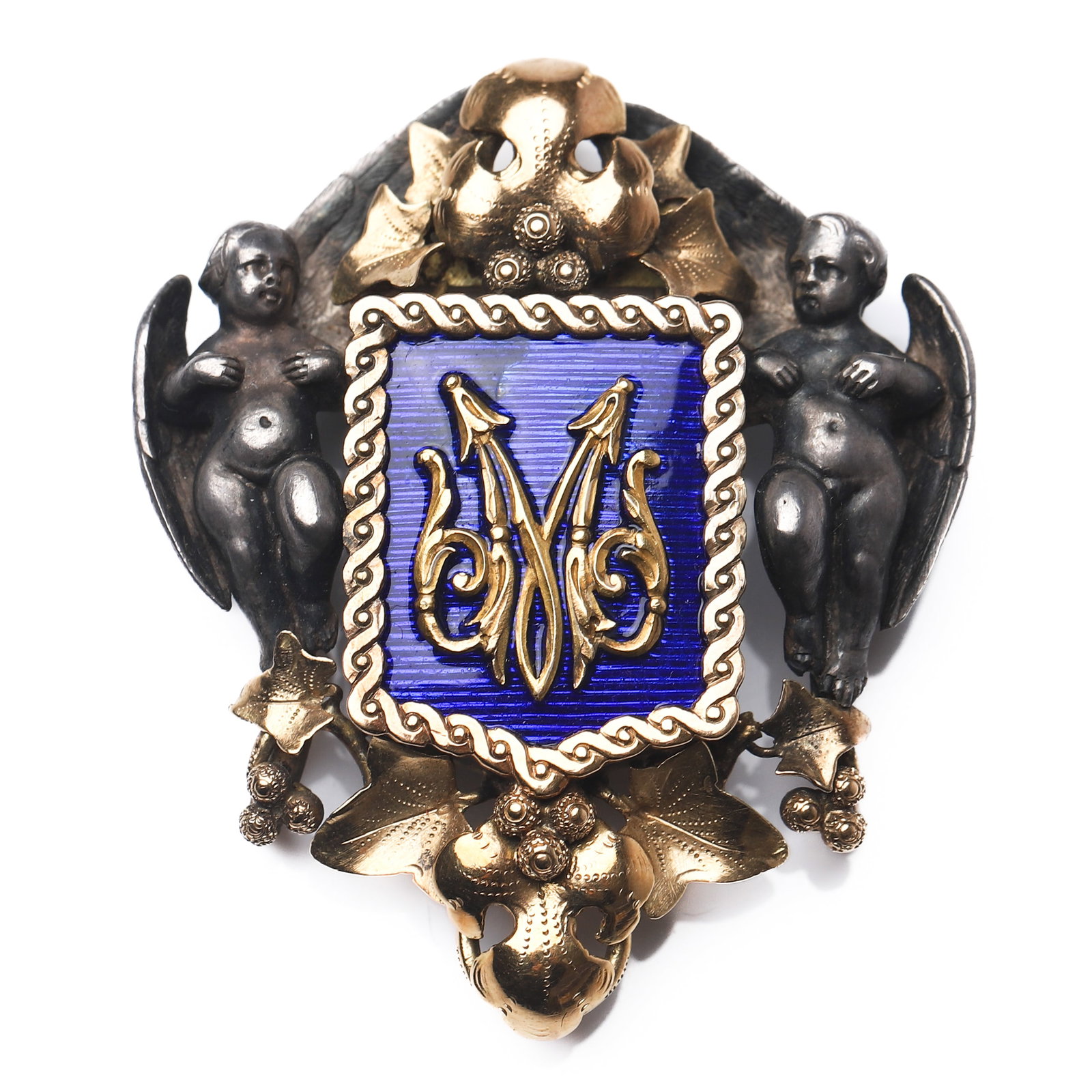 18K GOLD AND ENAMEL CHERUB PENDANT-BROOCH: Dimensions 1 5/8 Ã— 1 3/8 in (41.1 Ã— 34.5 mm); Weight: 20 g. Description Crafted in 18K gold, this pendant-brooch features a vivid blue guillochÃ© enamel shield centered with an ornate gold m