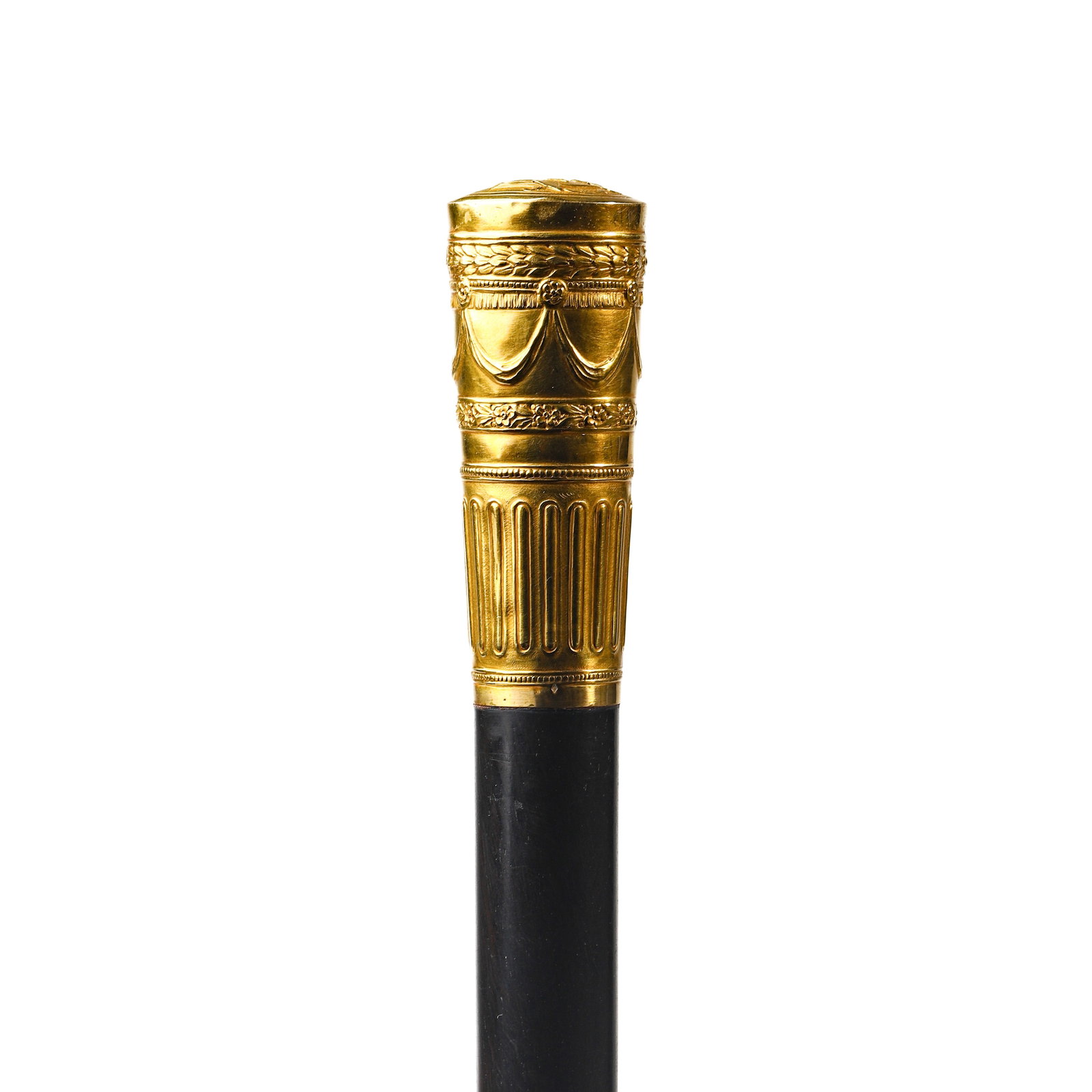 GILT METAL AND EBONIZED WOOD CANE: Dimensions Length: 33 5/8 in. (85.5 cm) Description An elegant antique walking cane featuring a long, slender ebonized wood shaft fitted with gilt metal mounts. The handle is richly decorated with cla