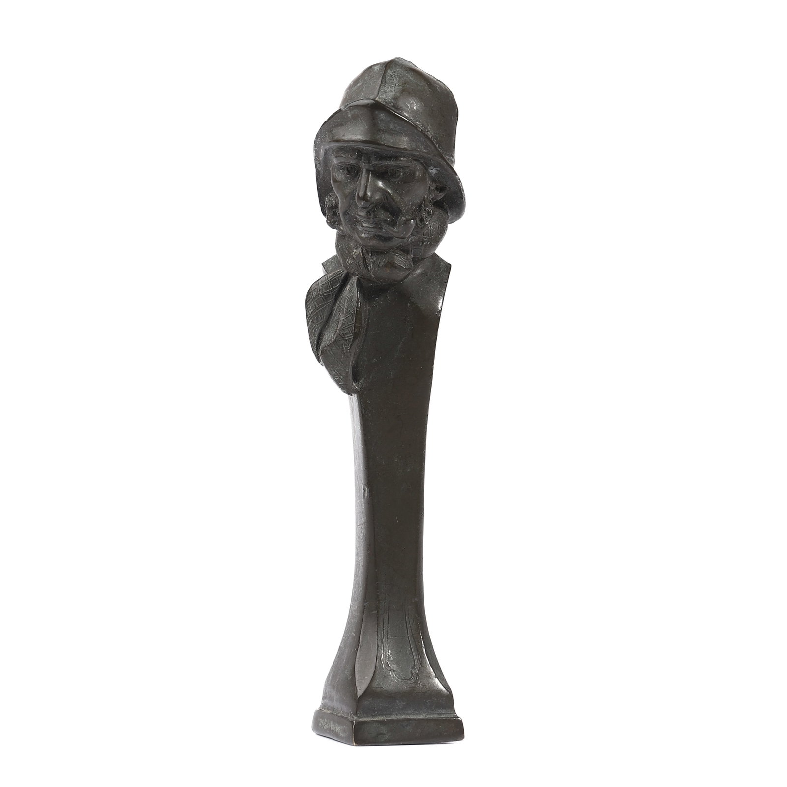A BRONZE FIGURAL SEAL OF A BEARDED MAN: Dimensions Height 4 1/4 in (10.8 cm); Weight 179.2 g. Description A bronze seal featuring the bust of a bearded man wearing a cap, rendered with strong facial features and textured beard detailing. Th