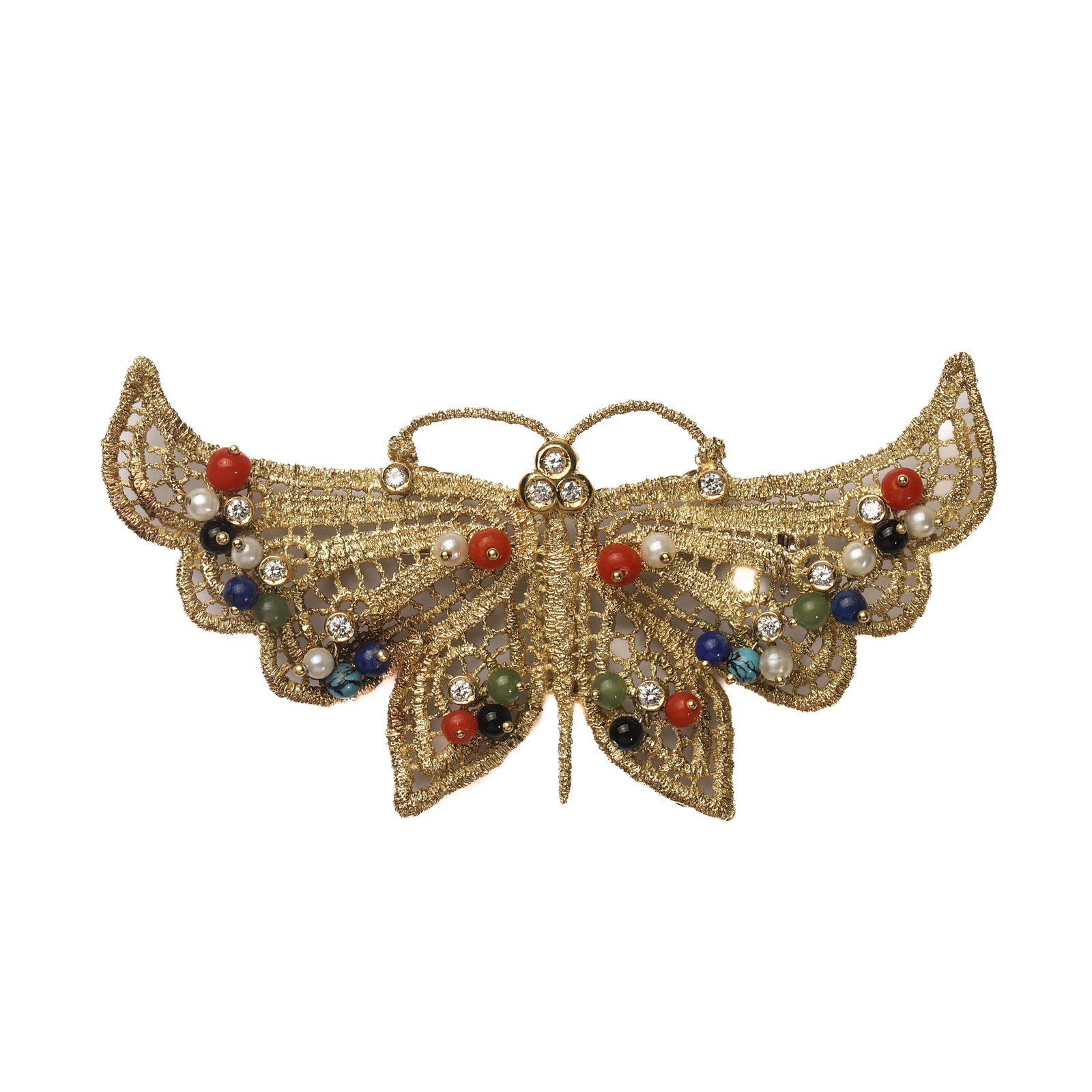 G. GRASER (GIUSEPPE GRASER) 18K GOLD TWISTED-WIRE OPENWORK MULTIGEM BUTTERFLY BROOCH: Dimensions Length 2 15/16 in. (7.5 cm) Width 1 5/8 in. (4.1 cm) Weight 17.7 g Description An Italian 18K gold butterfly brooch by G. Graser (Giuseppe Graser), finely handcrafted in an intricate twiste