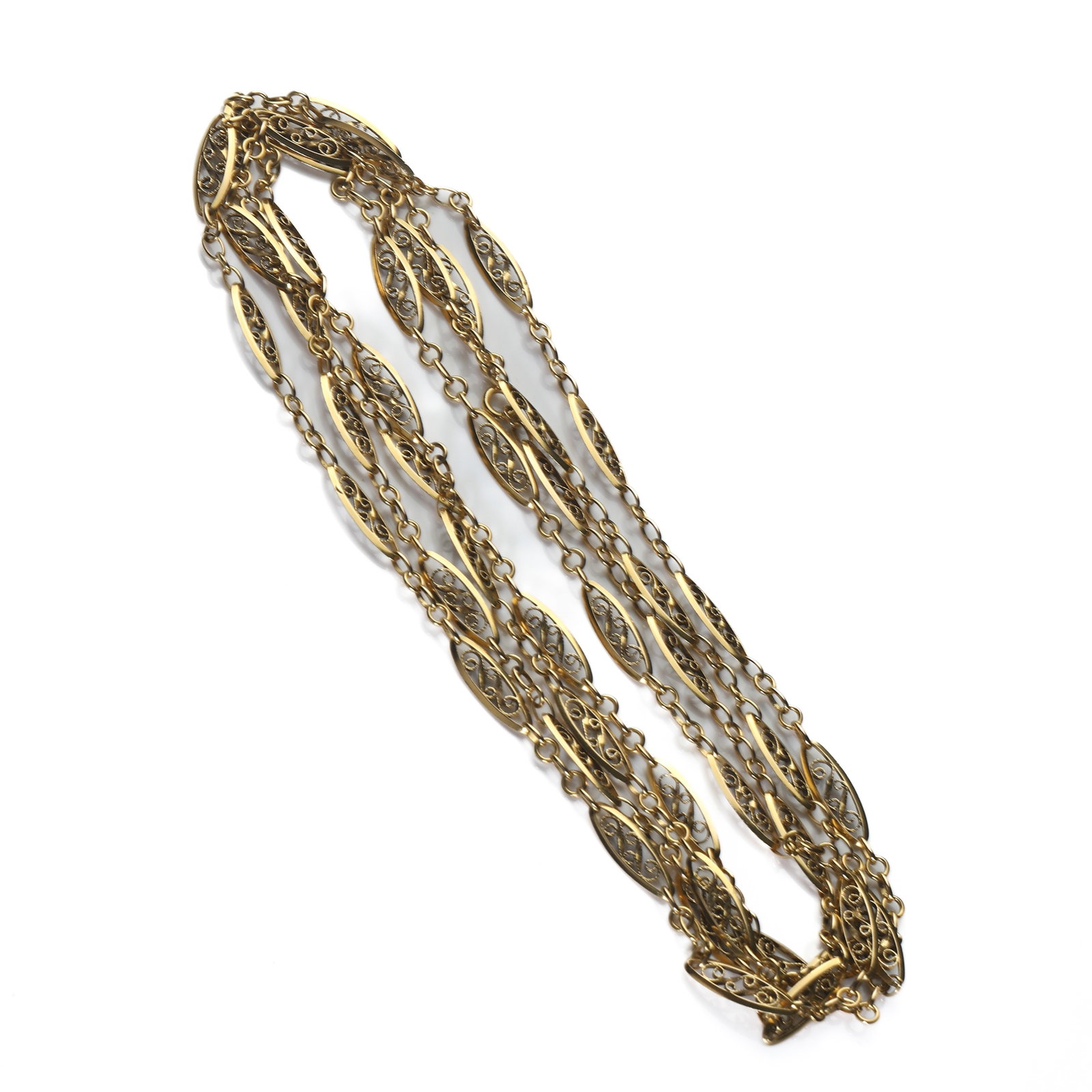 ART NOUVEAU 18K GOLD LONG CHAIN NECKLACE: Dimensions Length: 60 5/8 in. (154cm) Weight 42.4g Description An elegant Art Nouveau 18K gold long chain necklace dating to circa 1880–1920. Finely crafted in French 18K gold, the necklace features