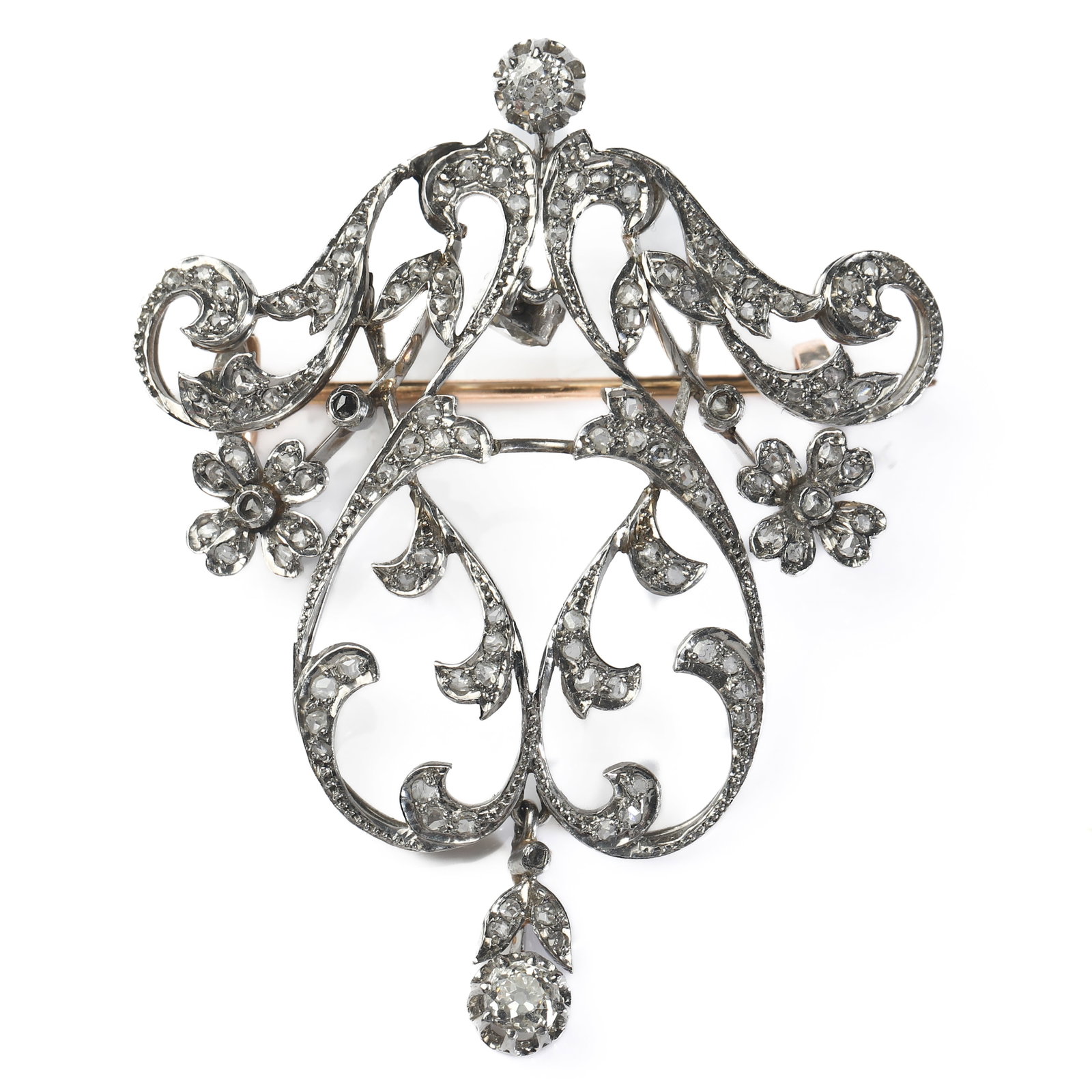 EDWARDIAN FRENCH PLATINUM AND DIAMOND BROOCH/PENDANT, BELLE ÉPOQUE, CIRCA 1901–1910: Dimensions Height 2 5/16 in. (59 mm) Width 1 7/8 in. (47 mm) Weight 20.1g Description An elegant French Edwardian brooch/pendant dating to circa 1901–1910, embodying the refined Belle Époque aesthe