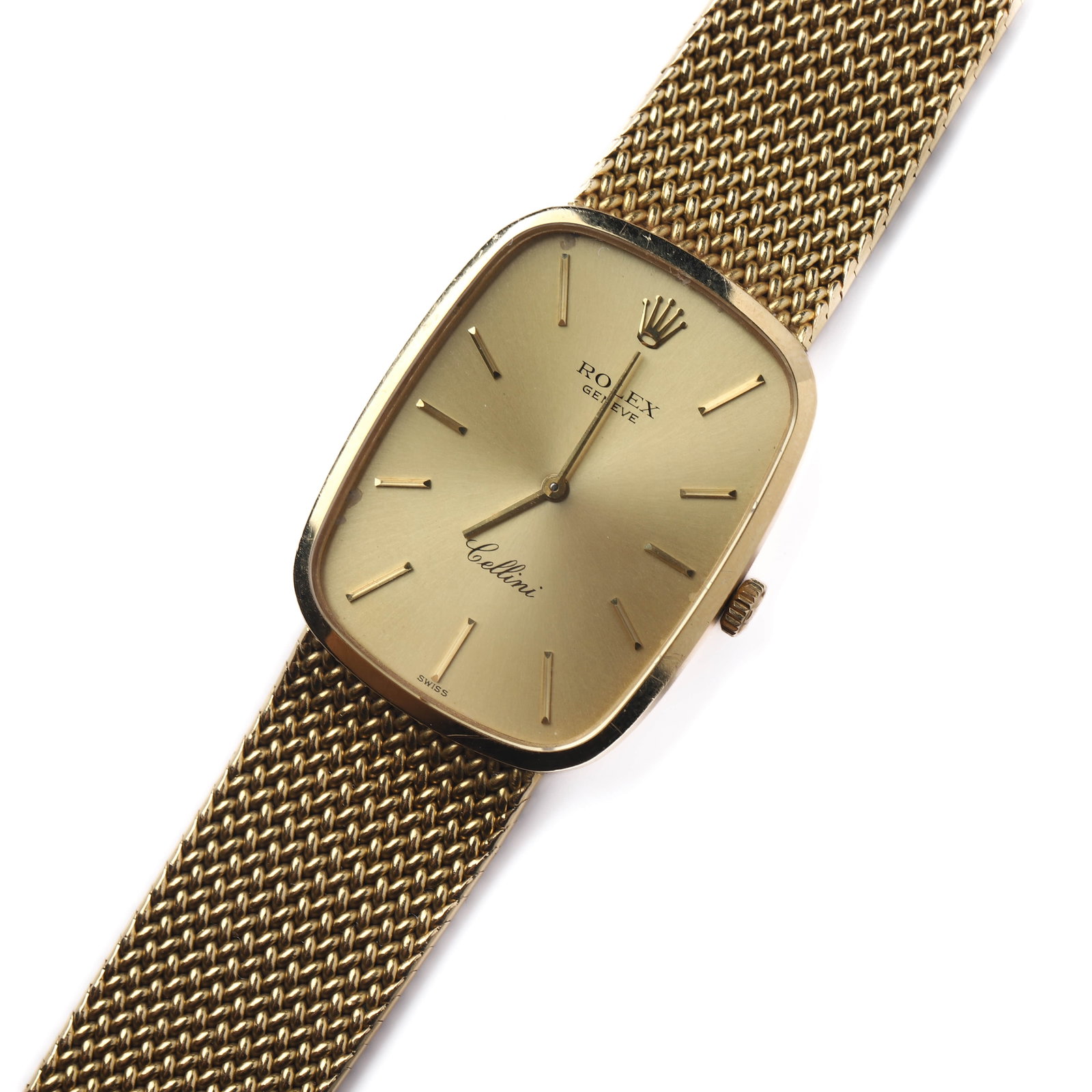 ROLEX CELLINI 18K GOLD MANUAL WIND WRISTWATCH WITH INTEGRATED BRACELET.: Dimensions Case: 1 1/8 in (27.7 mm); Length: 7 3/16 in (18.3 cm) Description A refined and elegant wristwatch by Rolex from the Cellini line, featuring a distinctive cushion-shaped 18k yellow gold