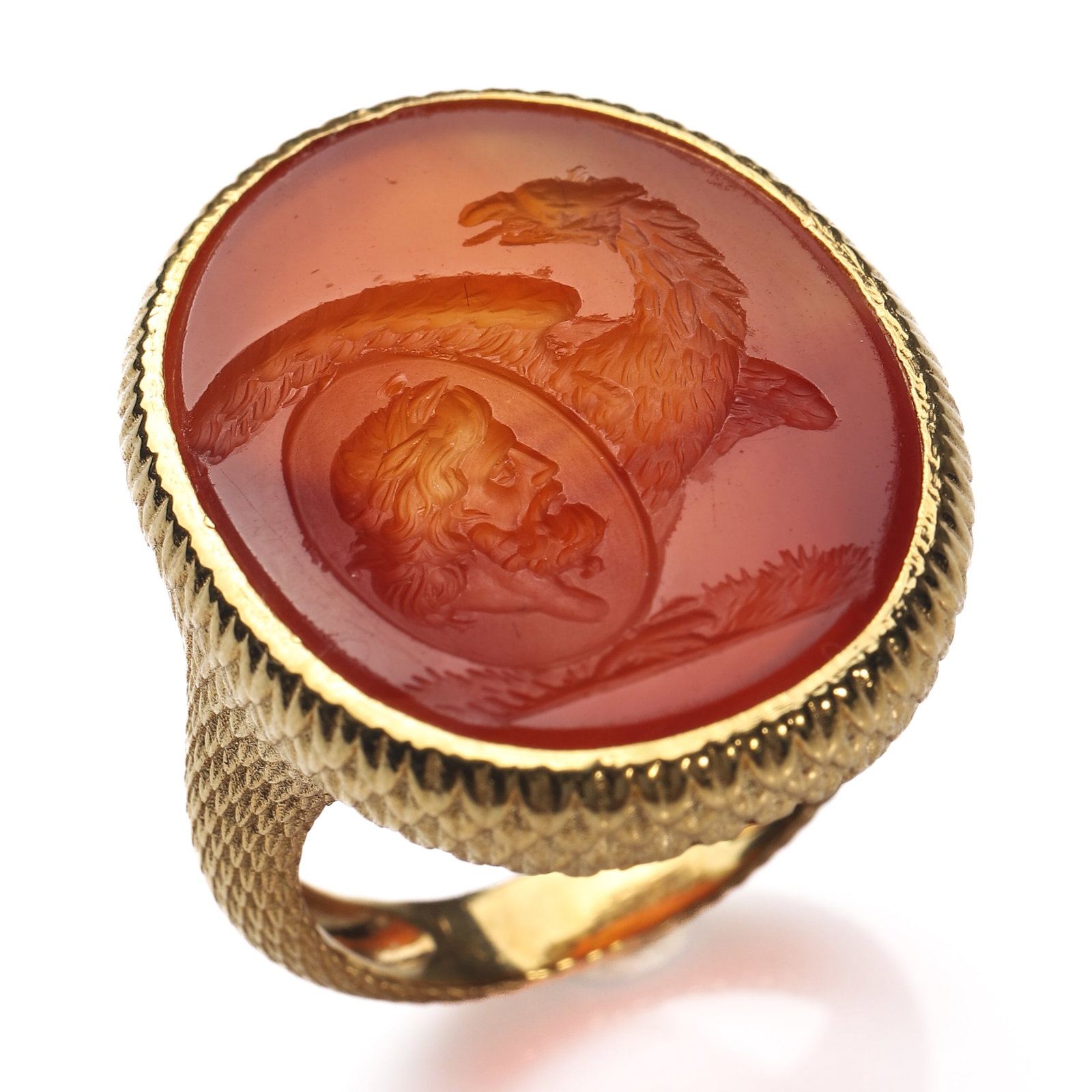 GEORGIAN-STYLE RED AGATE INTAGLIO ZEUS AND EAGLE 18K GOLD SIGNET RING (1 of 7)