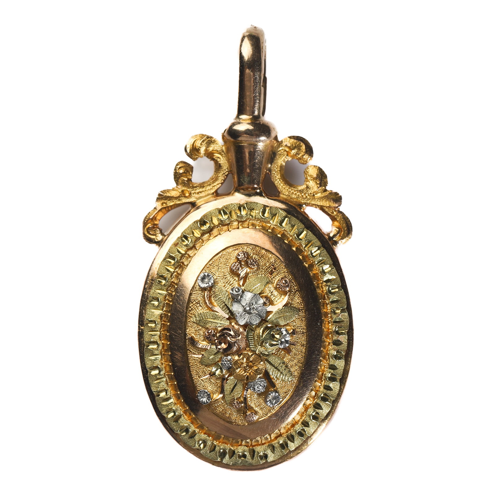 FRENCH NAPOLEON III FOUR-COLOR GOLD FLOWER PENDANT, 18K GOLD, CIRCA 1852–1870: Dimensions Height 1 7/16 in. (37 mm) Width 3/4 in. (19 mm) Weight 4.7g Description A finely handcrafted French Napoleon III period 18K gold pendant, dating to circa 1852–1870. The floral bouquet is 